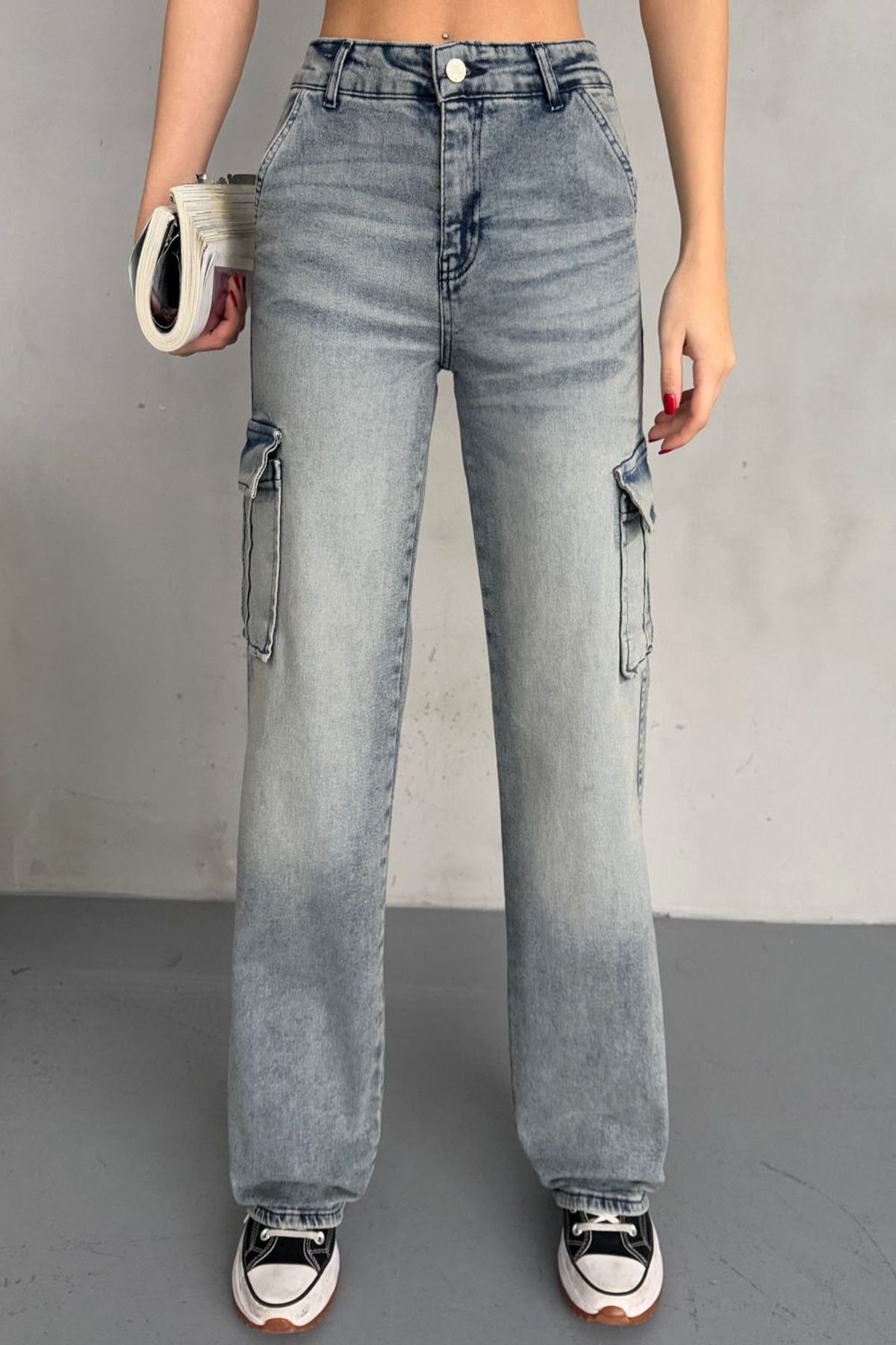 Naliru Yüksek Bel Pamuklu Fermuarlı Vintage Yıkamalı 6 Cepli Wide Leg Geniş Paça Kargo Denim Jean Pantolon