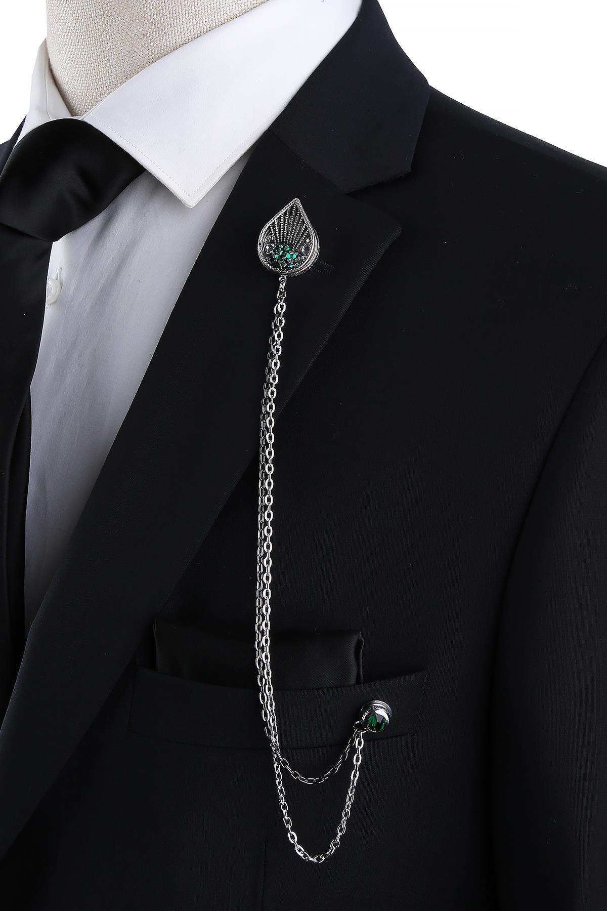 Kravatkolik Gümüş Renk Yeşil Taşlı Su Damlası Model Ceket Yaka İğnesi YI413