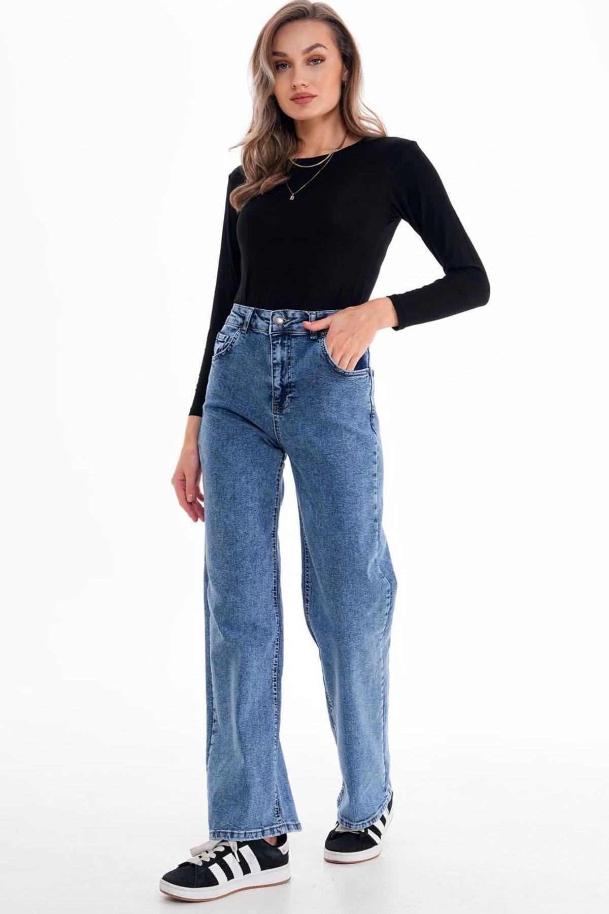 Vivika Uzun Boy 5 Cepli Düğmeli Fermuarlı Yüksek Bel Genişleyen Palazzo Kesim Wide Leg Denim Jean Pantolon