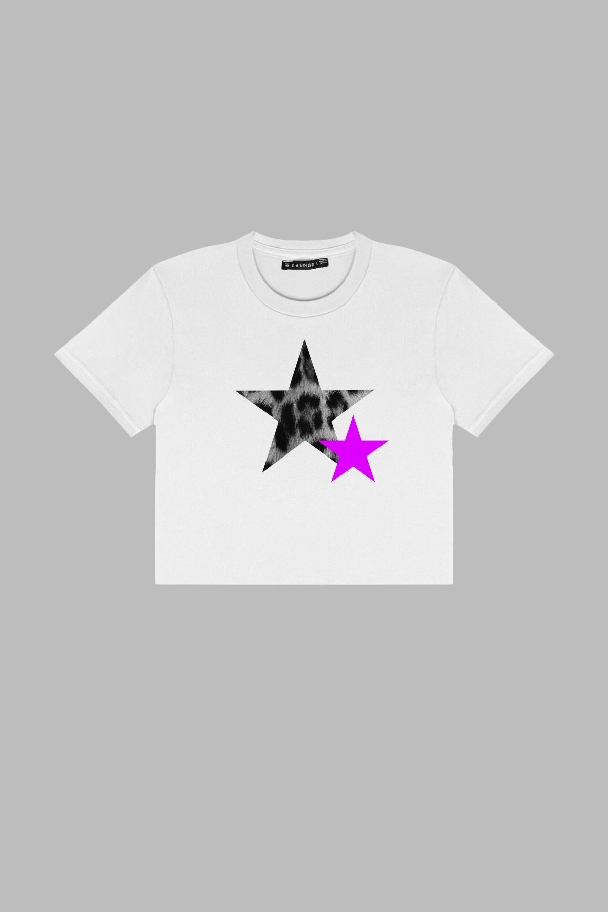 Bak Moda Y2k Leopar Starz "V2" Baskılı Beyaz Crop Top