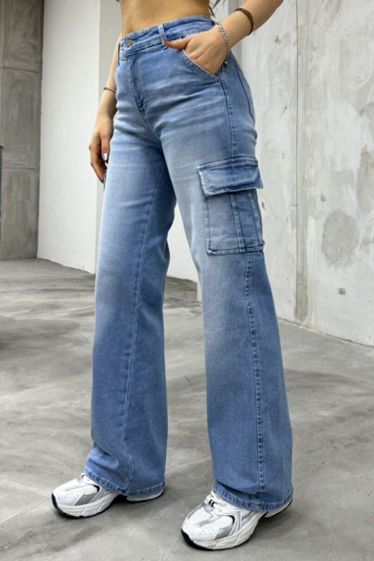 Naliru Yandan Kargo Cepli Yüksek Bel Düz Straight Paça Yıkamalı Pamuklu Rahat Wide Leg Denim Jean Pantolon