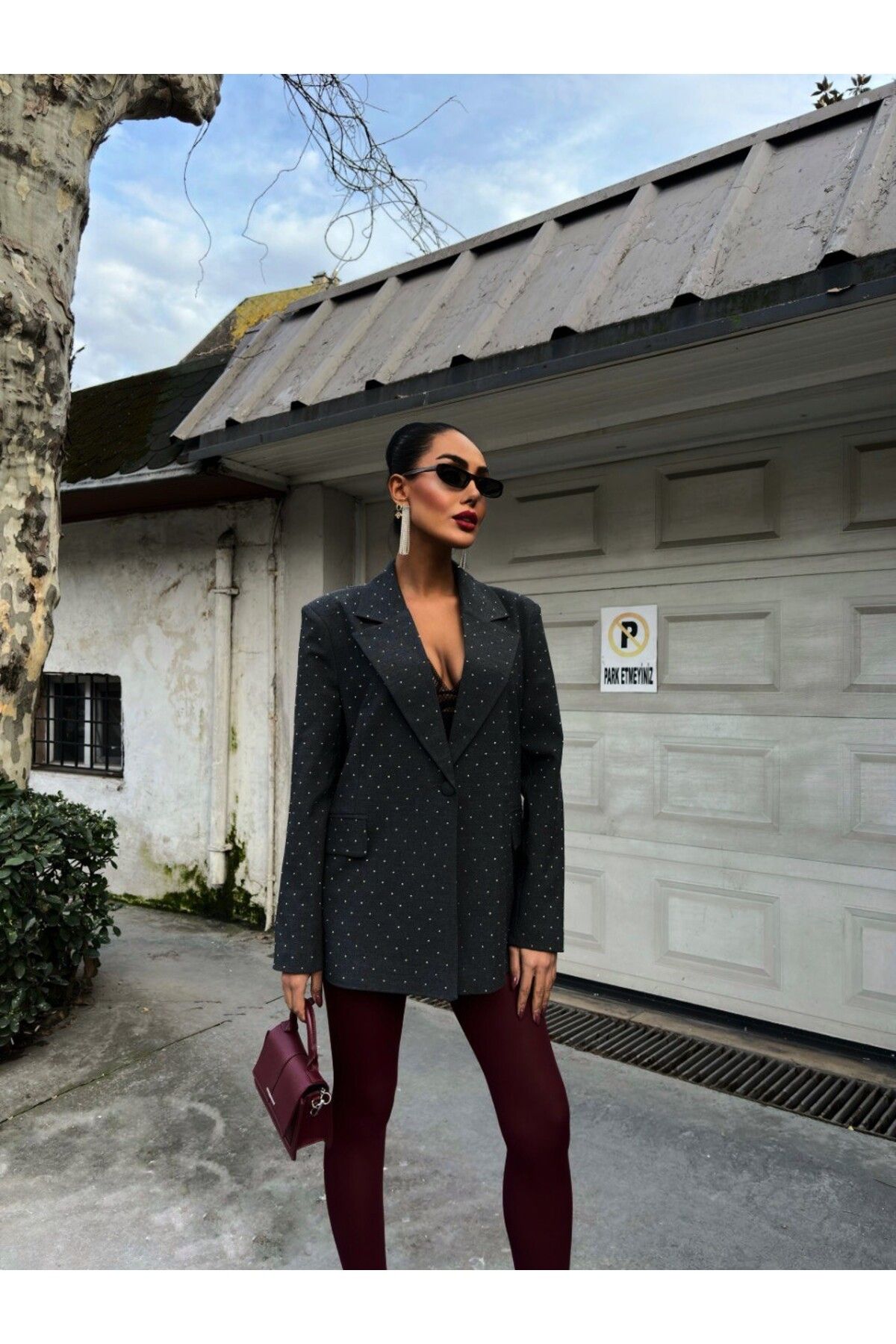 buqre's moda Kadın Trend Taşlı Oversize Blazer Ceket