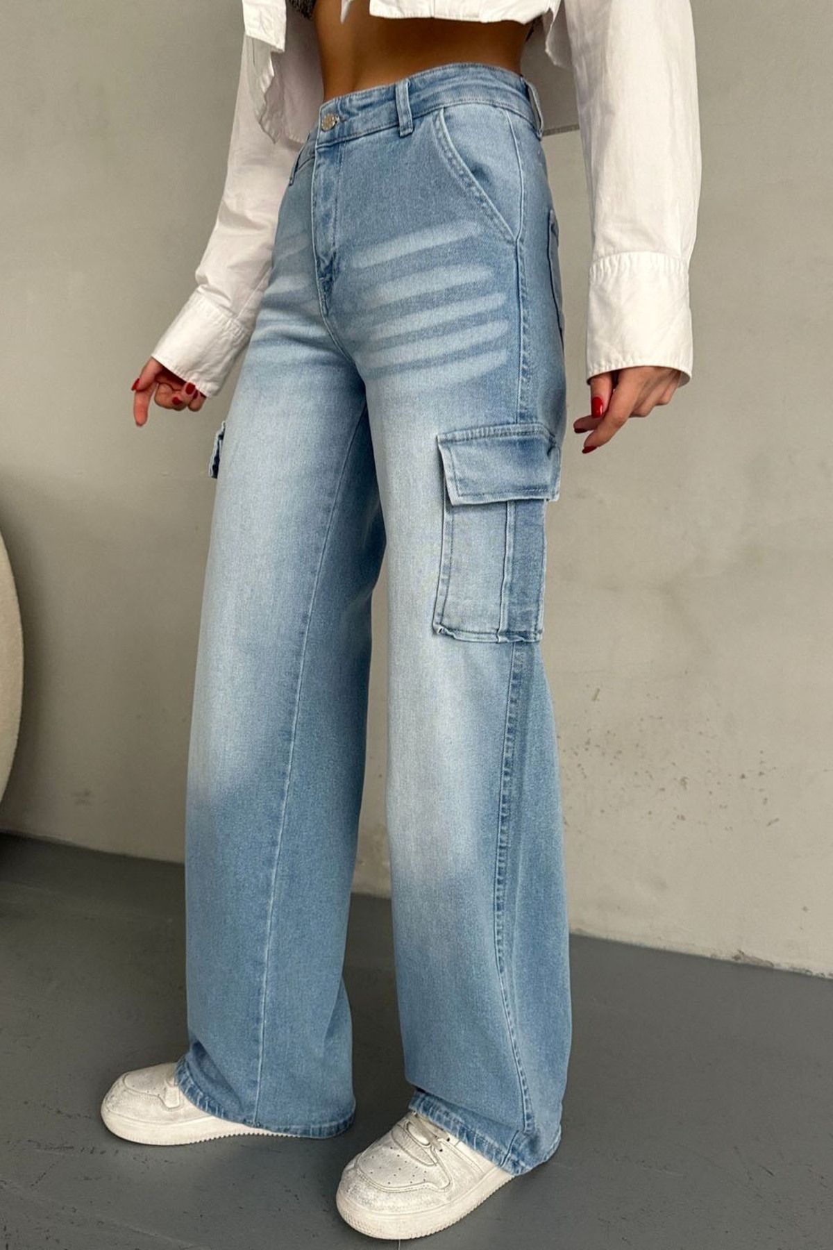 MissThetis Çift Kargo Cepli Wide Leg Geniş Paça Pamuklu Esnek Yıkamalı Vintage Efektli Denim Jean Pantolon