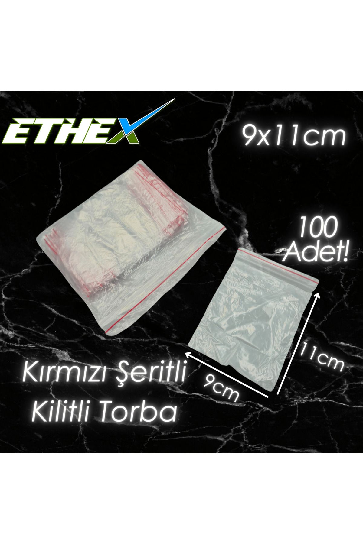 Ethex Kırmızı Şeritli Kilitli Torba 9x11 cm 100 Adet - Gıda Uyumlu, Dayanıklı ve Kullanışlı