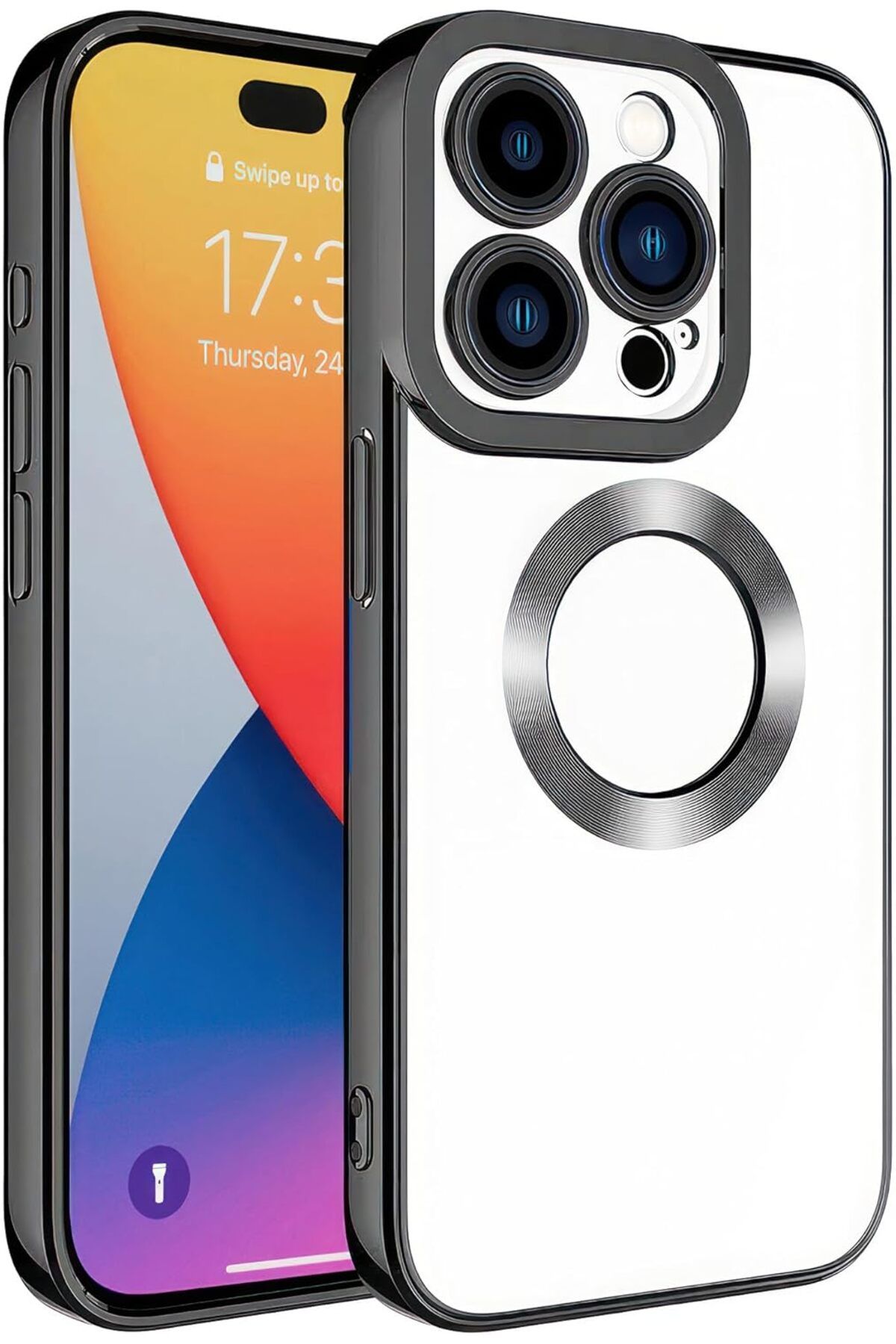 STOREMAX srhtDS İle Uyumlu iPhone 15 Pro Kılıf Kamera Korumalı Logo Gösteren Omega Kapak Siyah Desing 26