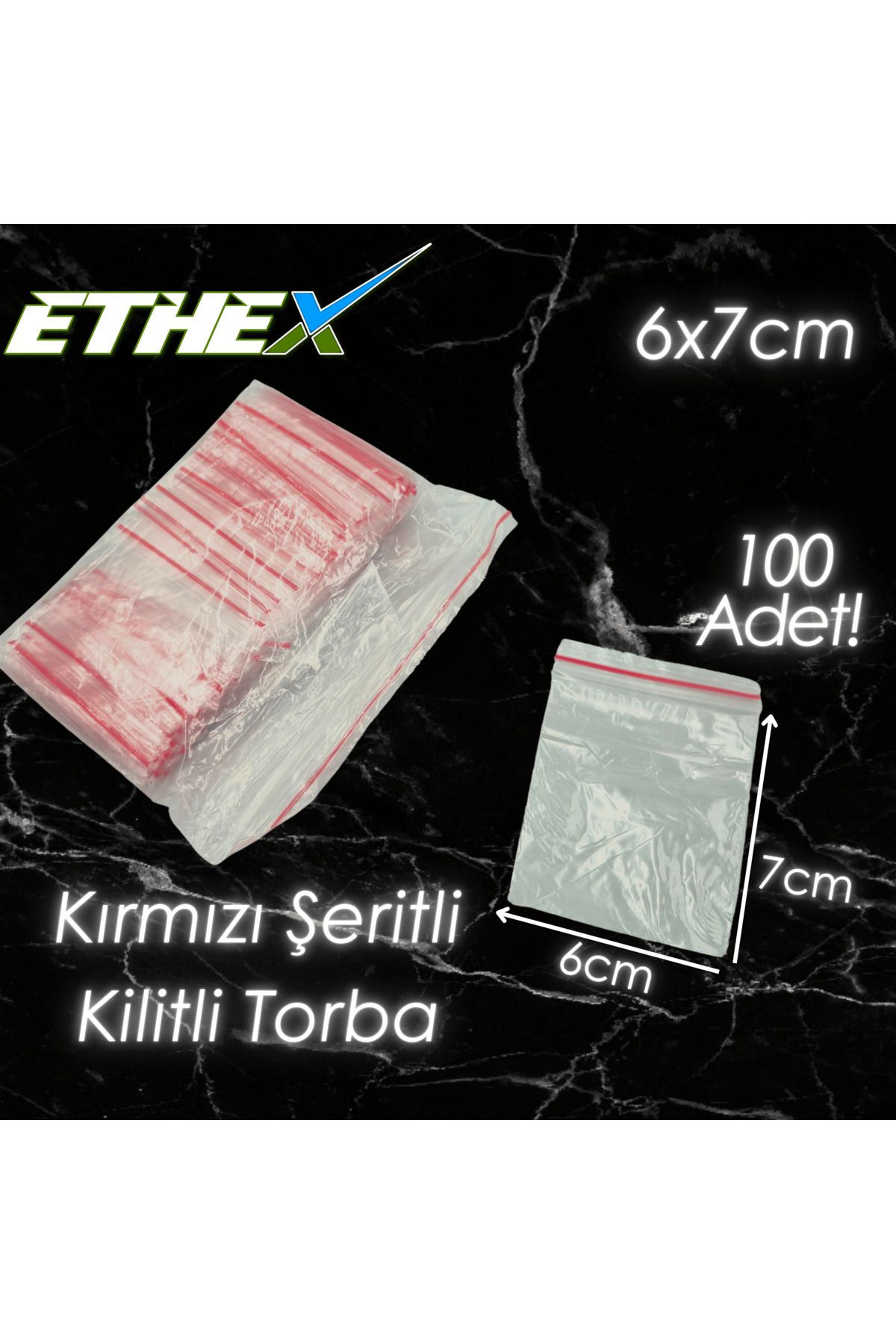 Ethex Kırmızı Şeritli Kilitli Torba 6x7 cm 100 Adet - Gıda Uyumlu, Dayanıklı ve Kullanışlı