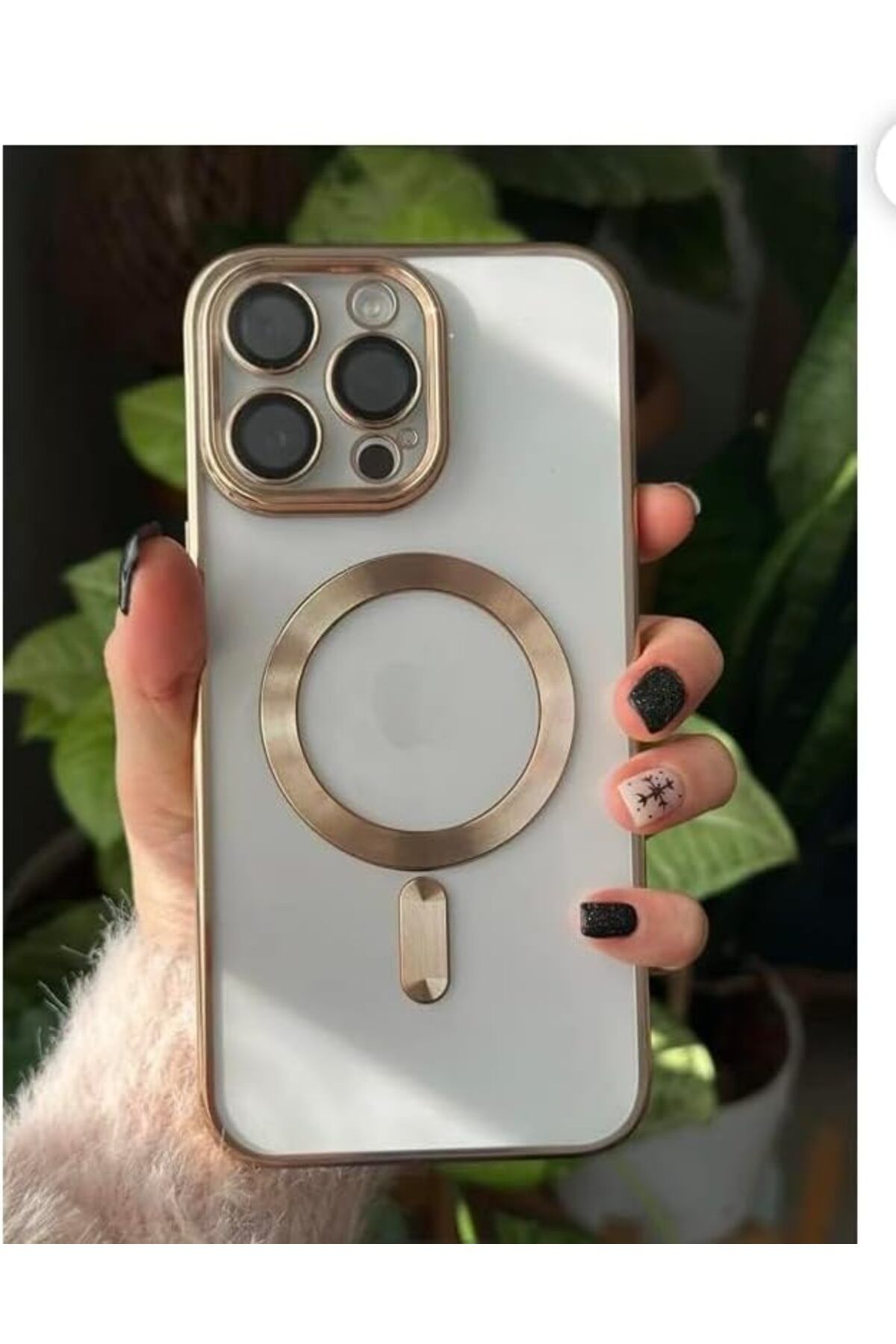 STOREMAX srhtDS aks iphone 14 pro için kablosuz şarj ile uyumlu, kamera lens korumalı lazer kılıf gold D