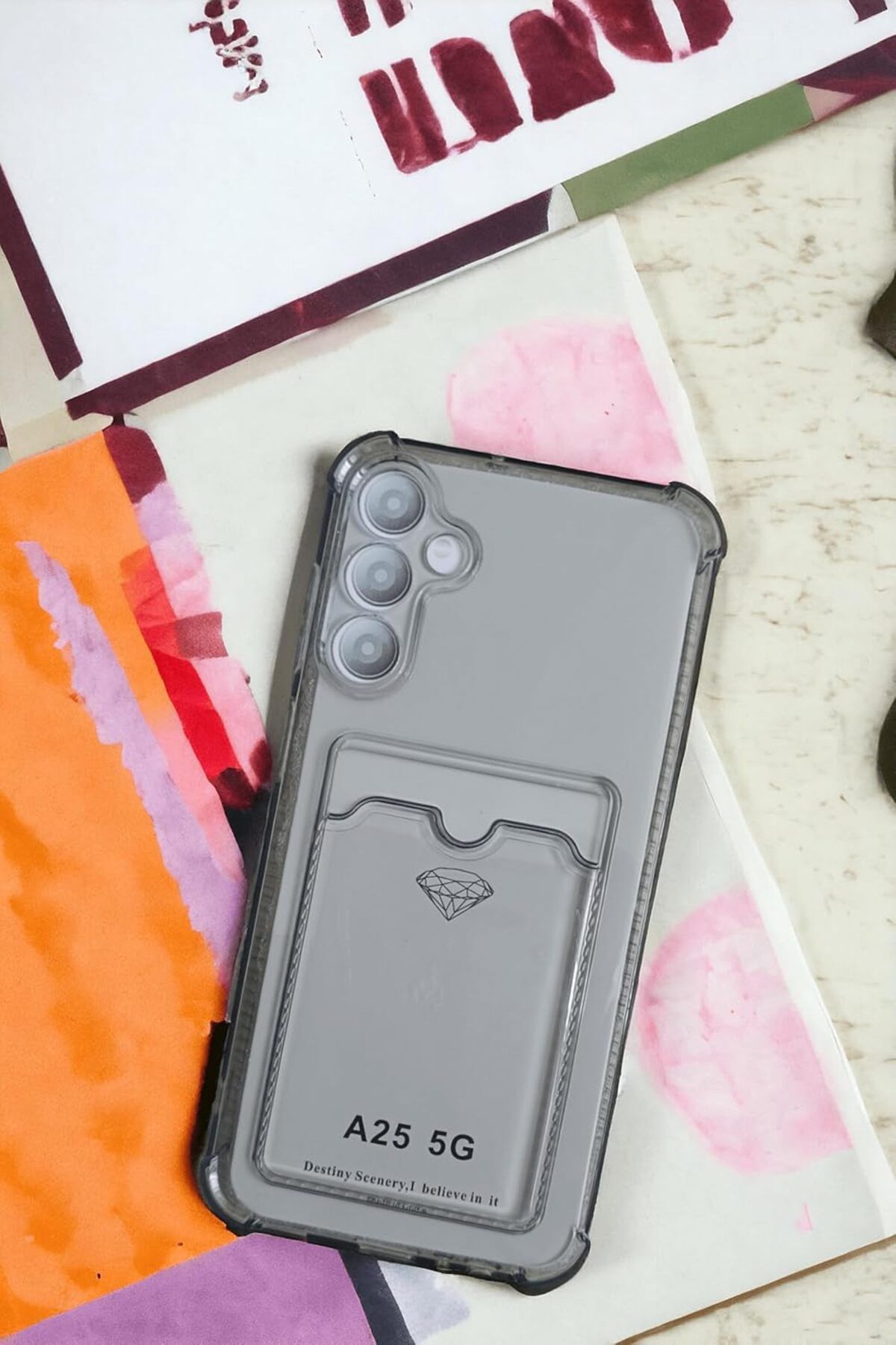 STOREMAX cmllashop Galaxy A25 Kılıf Kartlıklı Köşe Koruma Tasarımlı Renkli Şeffaf K-Kart Kılıf (Si