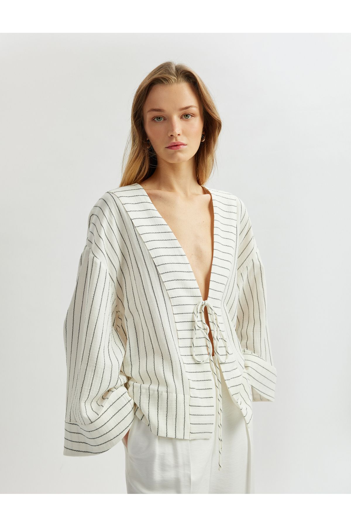 Koton-Long Wide Sleeve Double Breasted Kimono Jacket with Cotton Lacing Detail 1