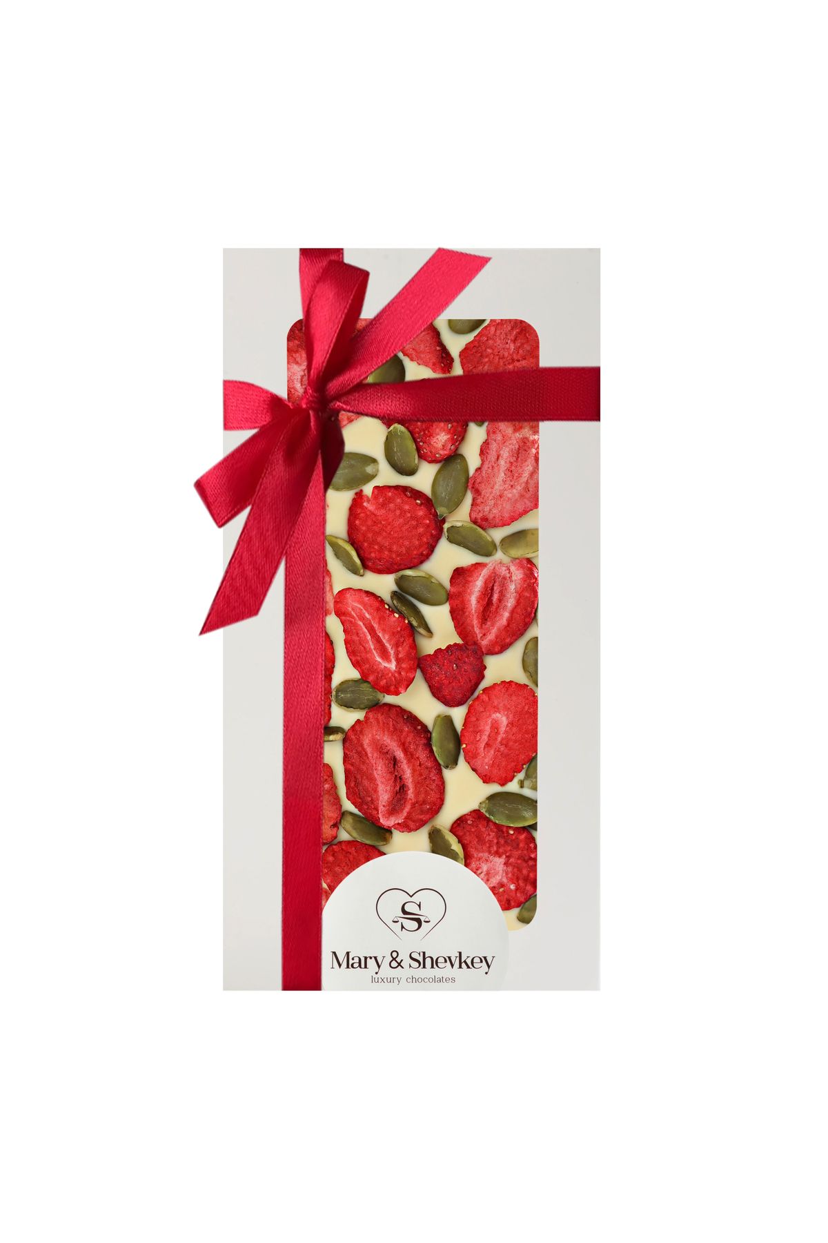 mary&shevkey luxury chocolates Beyaz Çikolata Çilek (Freeze Dried) İçeren Meyveli Lüks Sevgililer Günü Hediye Çikolata 115gr