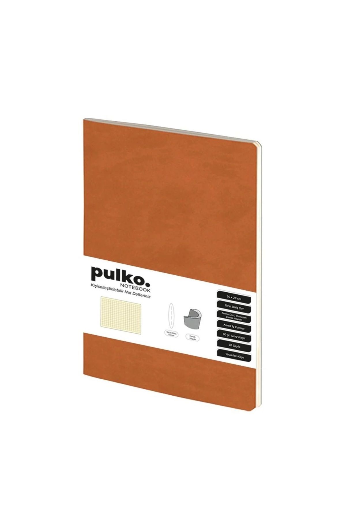 PULKO Notebook Not Defteri, (20x28cm), Terzi Dikiş, Esnek Kapak, 96 Sayfa, Krem Kağıt, Kareli, Taba