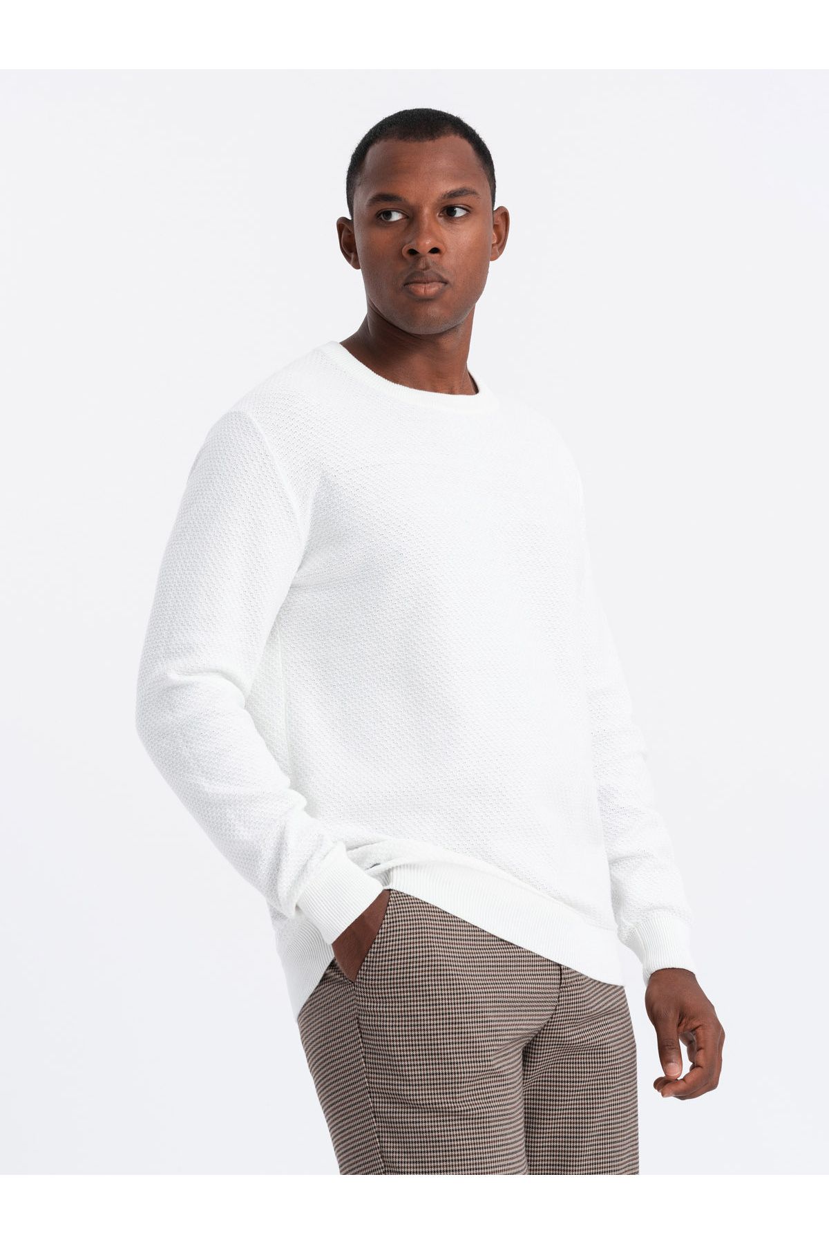 OMBRE-Herren Strickpullover RELAXED FIT in Rautenwebung - gebrochenes Weiß V1 OM-SWSW-0110 L 3