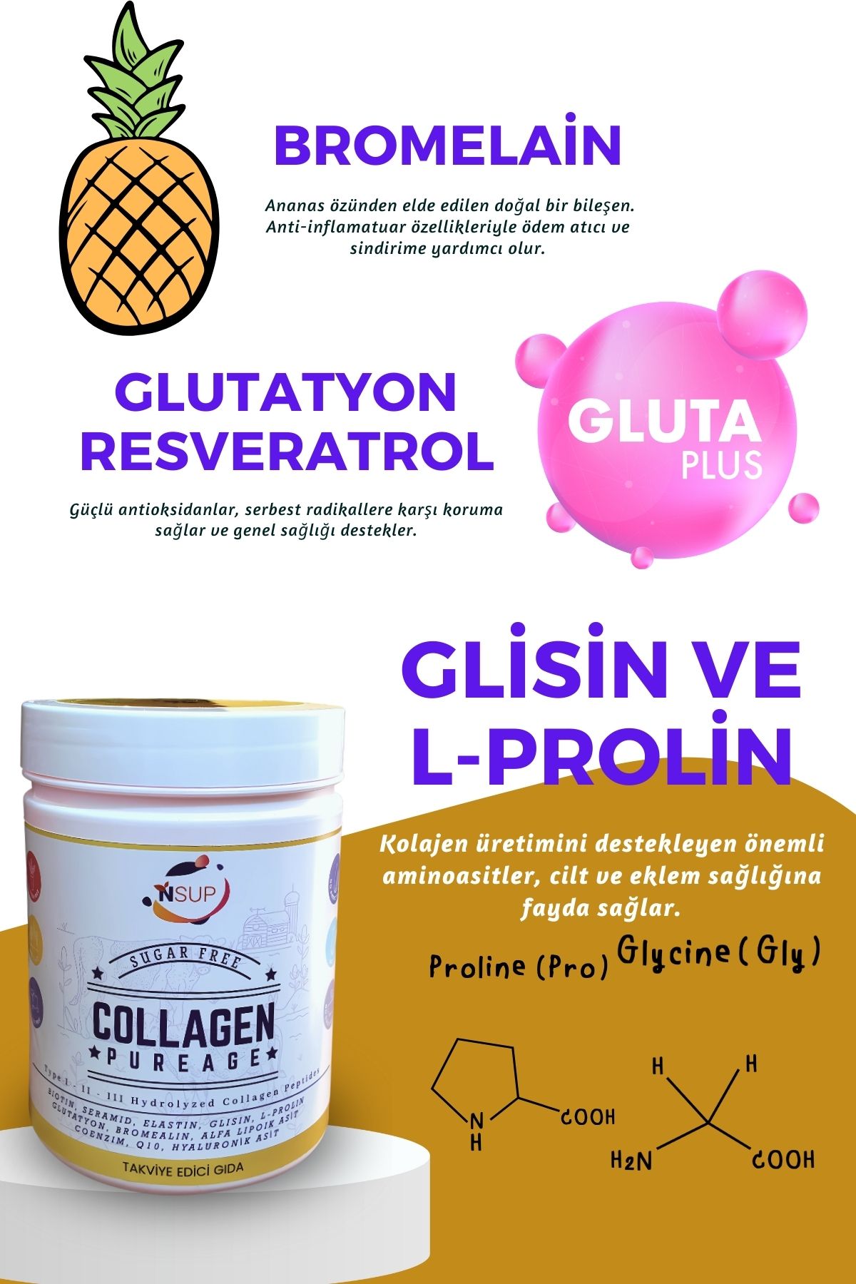 NSUP-300gr Anti-aging - Smooth Skin CoLLagen, GLycine, L-proline, Bromelain and Elastin Ceramide 5