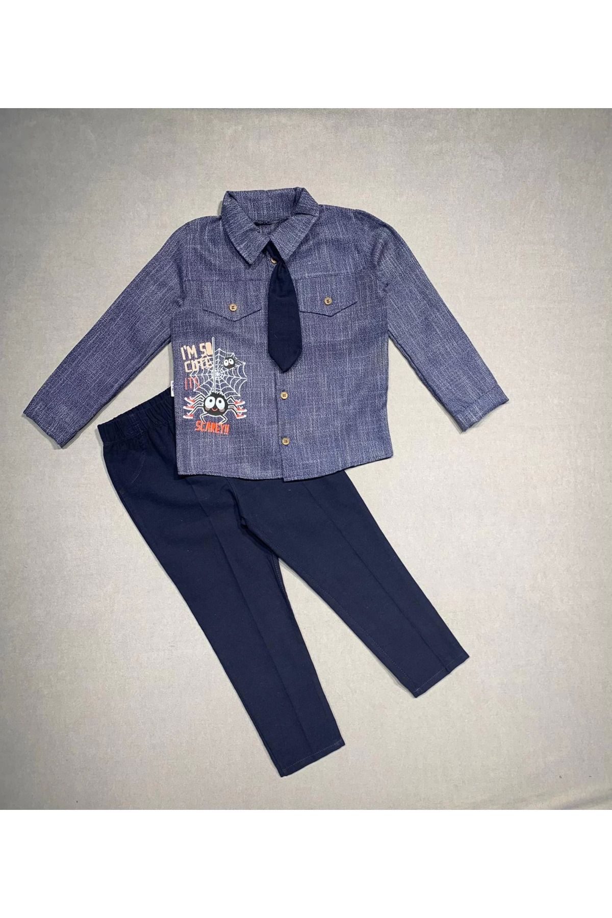 velmorafashion 3-4-5 Yaş Kravatlı Keten Gömlek Gabardin Pantolon Uzun Kollu 3lü Erkek Çocuk Takımı Lacivert
