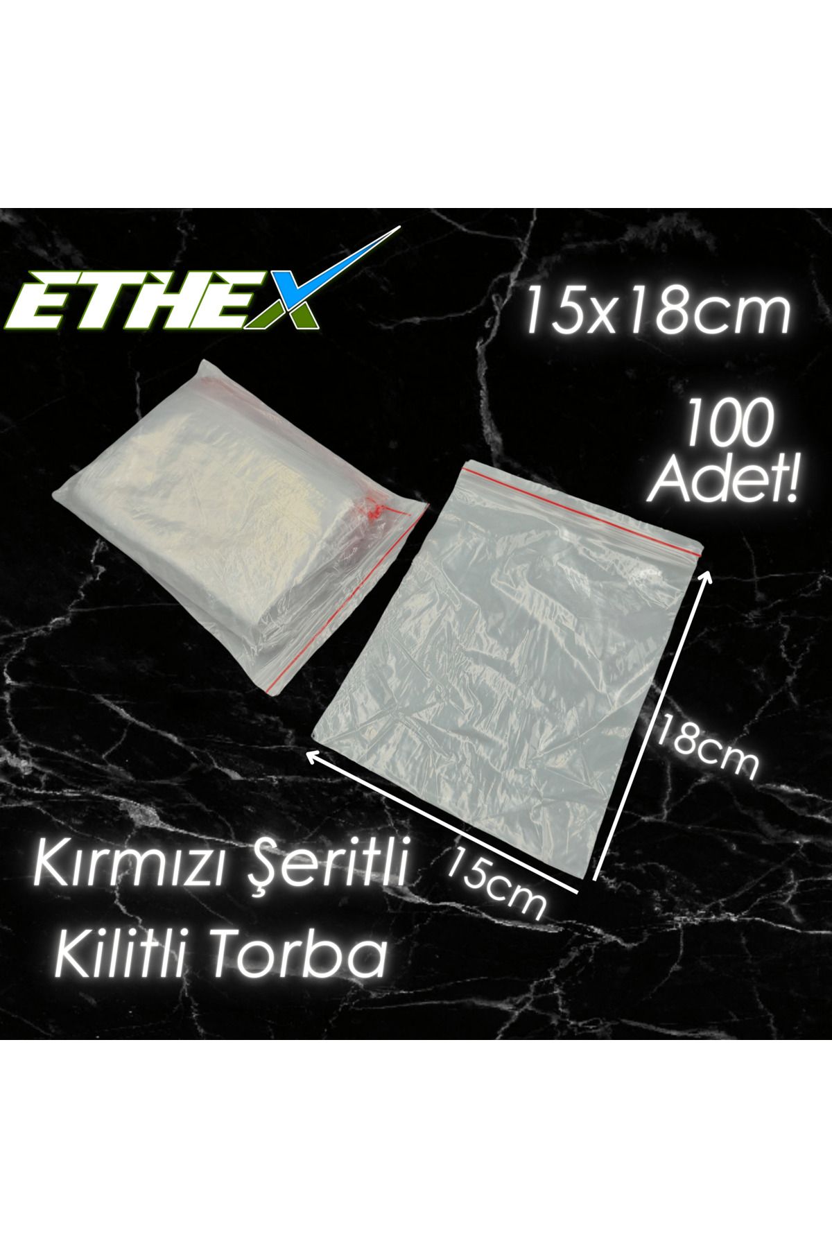 Ethex Kırmızı Şeritli Kilitli Torba 15x18 cm 100 Adet - Gıda Uyumlu, Dayanıklı ve Kullanışlı