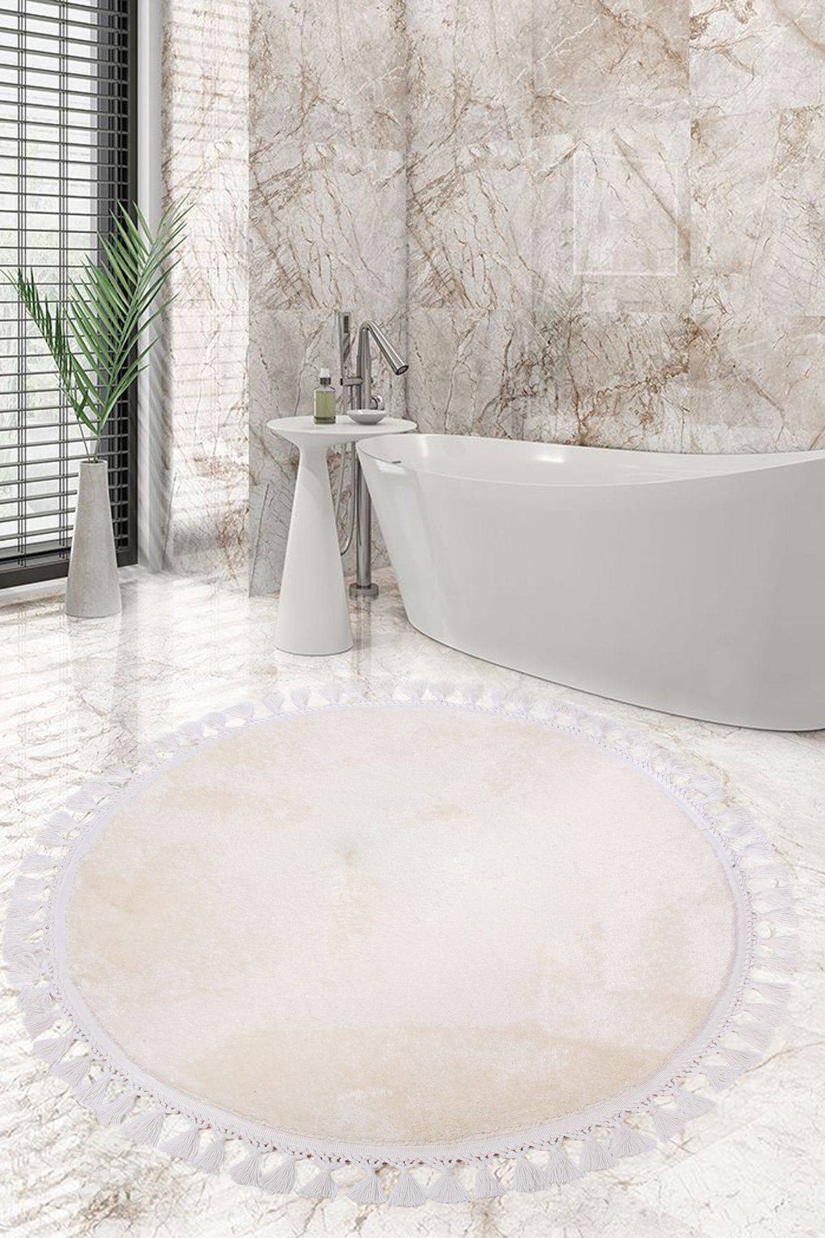 AVANTAJ Relax Krem (100x100 cm) Yuvarlak  Ponpon Saçaklı Banyo Paspası Kaymaz Tabanlı Makinede Yıkanabilir