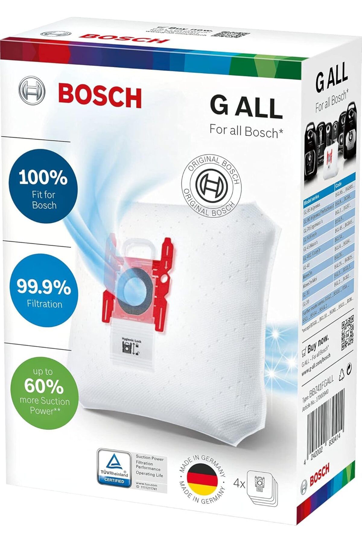STOREMAX lvnmblya Hausgeräte Bosch PowerProtect Tip G ALL BBZ41FGALL, 4 x elektrikli süpürge torbası,%99,