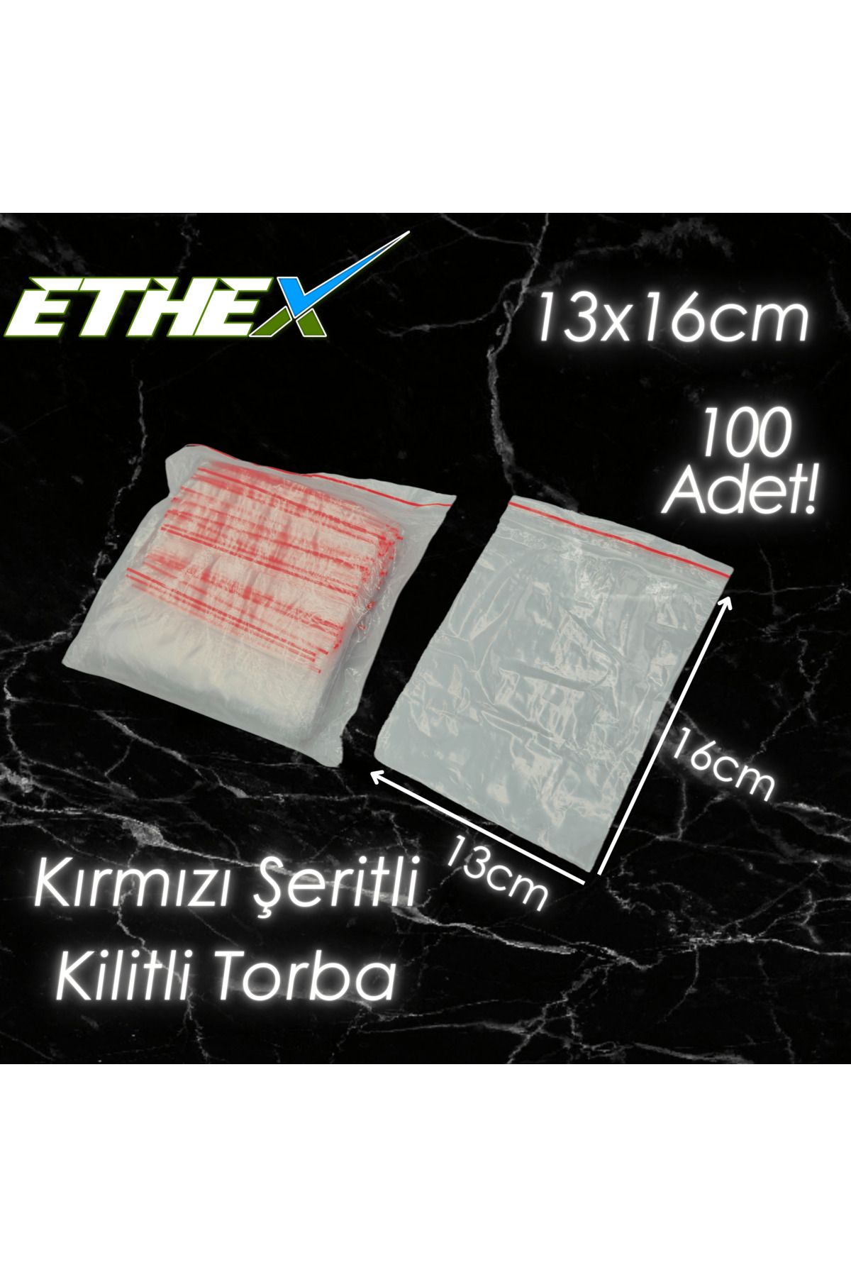 Ethex Kırmızı Şeritli Kilitli Torba 13x16 cm 100 Adet - Gıda Uyumlu, Dayanıklı ve Kullanışlı