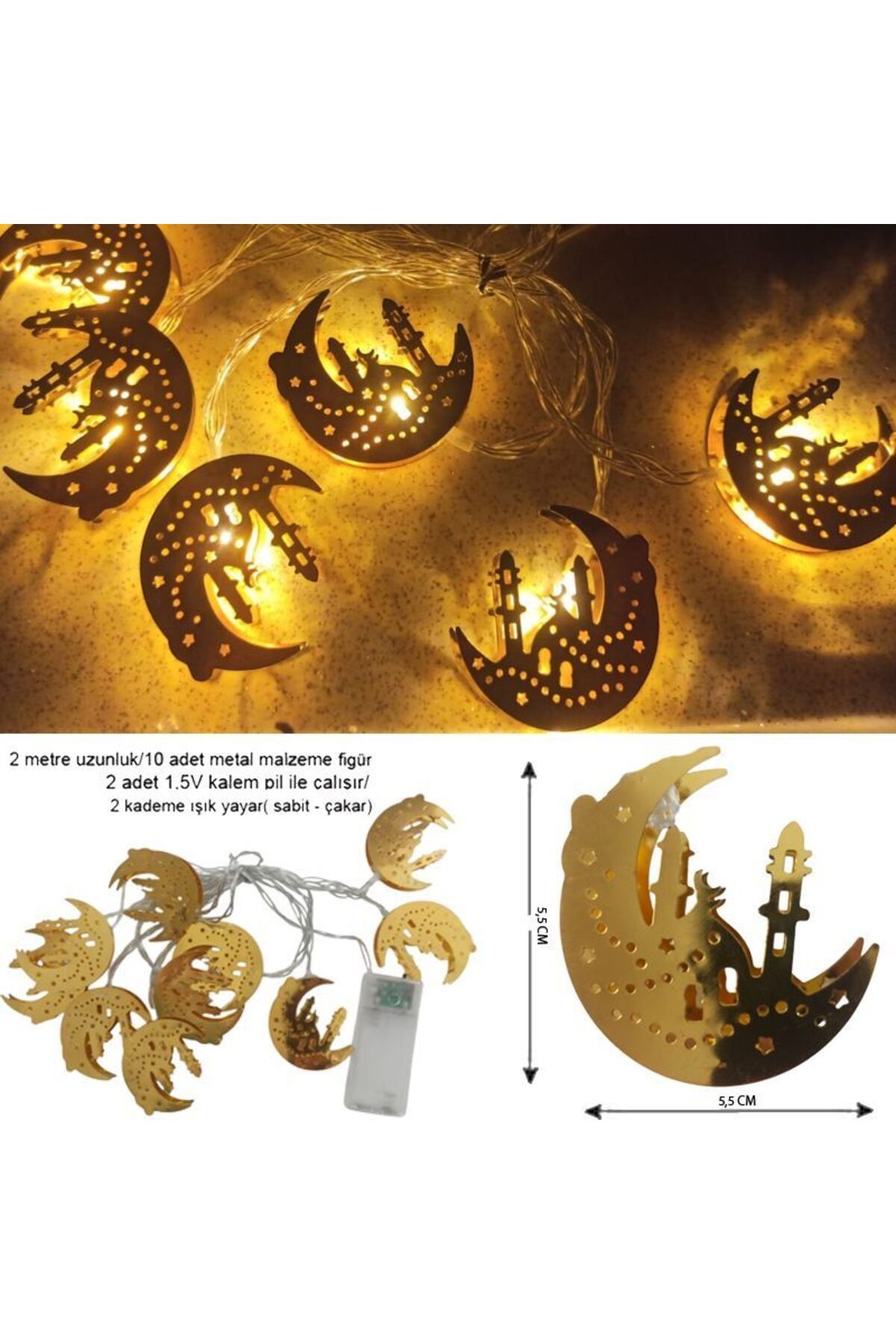 partidolu Ramazan Cami ve Hilal 10 Metal Ampullü Pilli Gün Işığı Led Işık 2 Mt