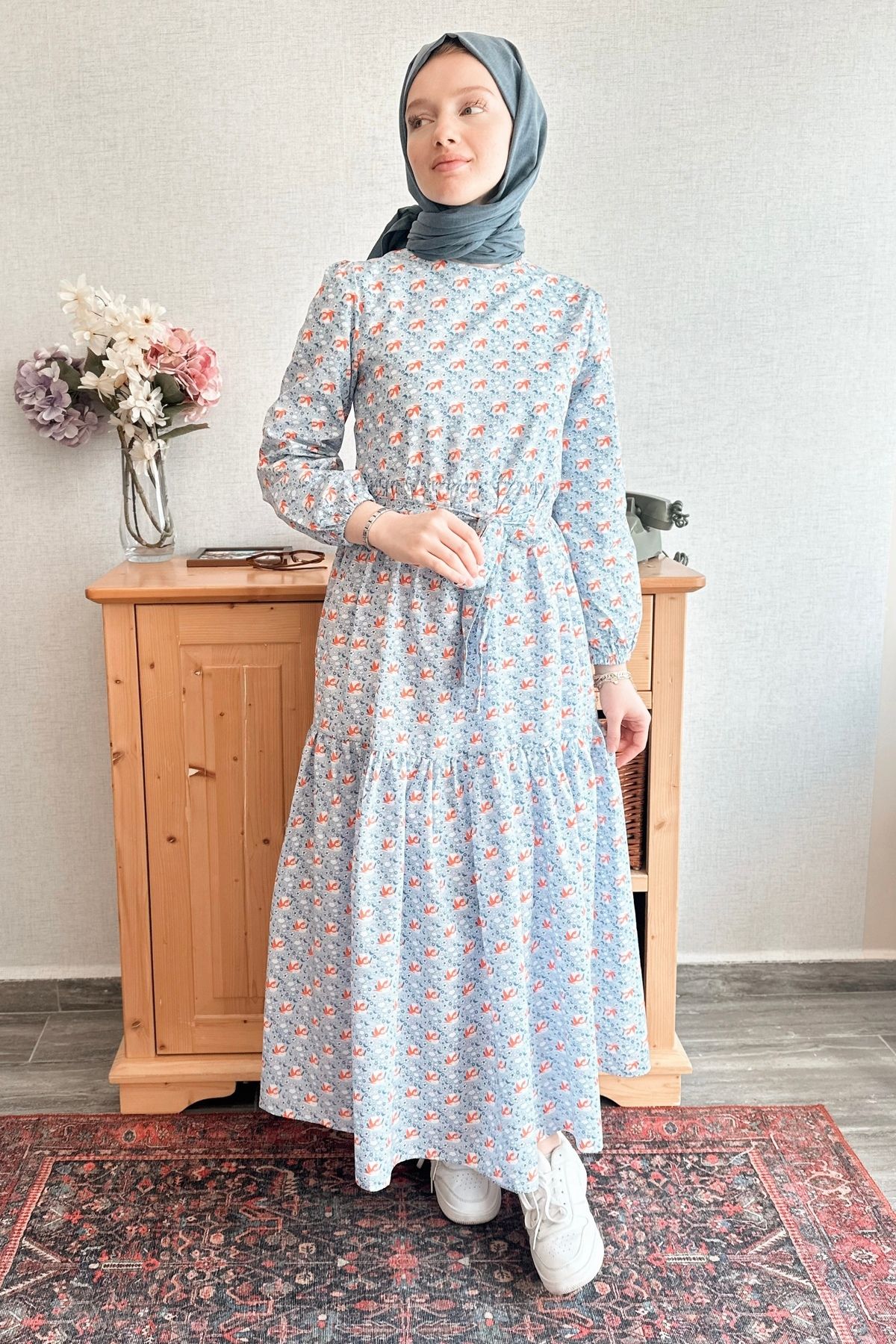 TabaBoutique Kuş Desenli Kırmızı Elbise TB312