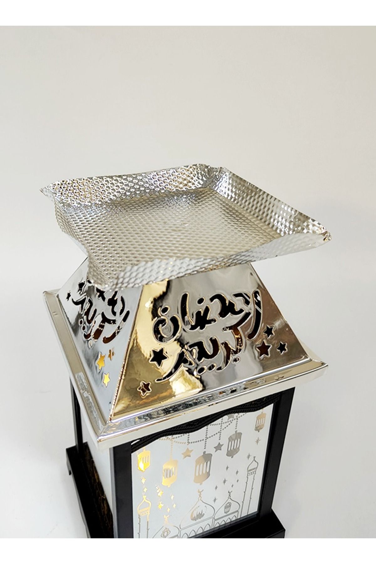 Living-Ramadan Lantern Glass with Silver Steel Touch Islamic Decoration and Serving Plate, Black/Silver 1