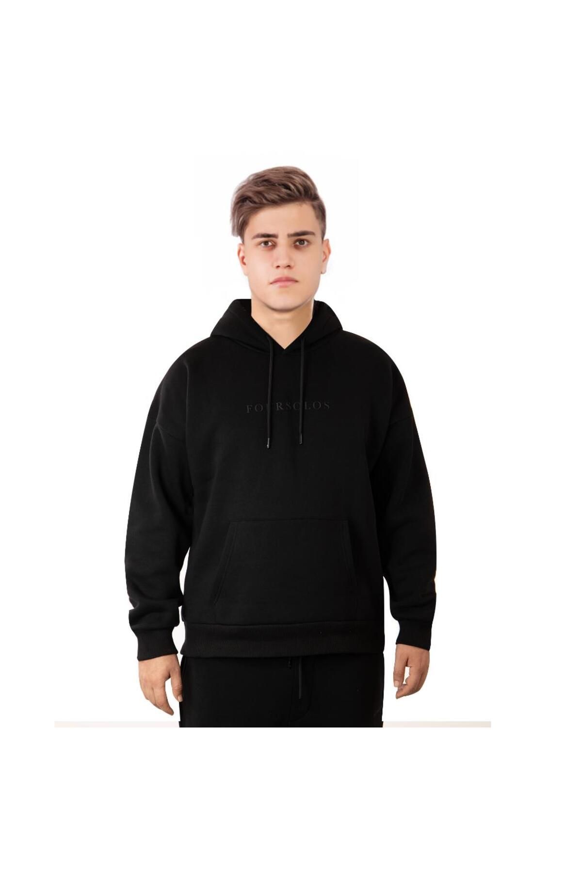 FOURSOLOS Siyah Erkek Hoodie, Kanguru Cepli, Kapüşonlu, 3 İplik Kumaş