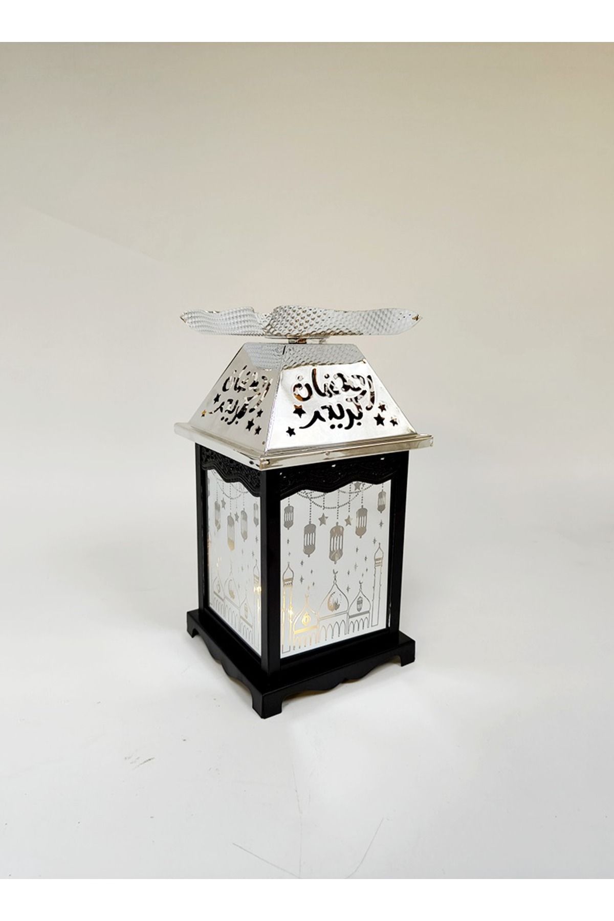 Living-Ramadan Lantern Glass with Silver Steel Touch Islamic Decoration and Serving Plate, Black/Silver 2