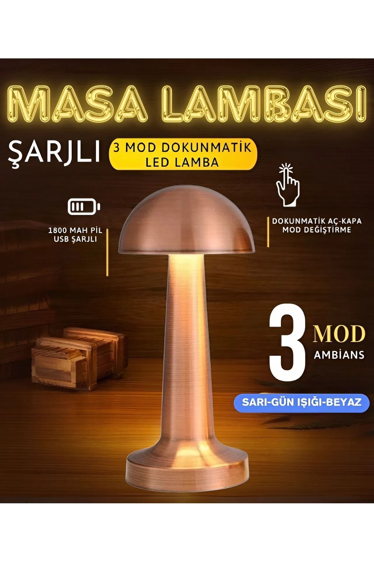 nextbuy Dimmerli Masa ve Gece Lambası Dekoratif Şarjlı Dokunmatik Retro Abajur Led Oda Aydınlama Işığı