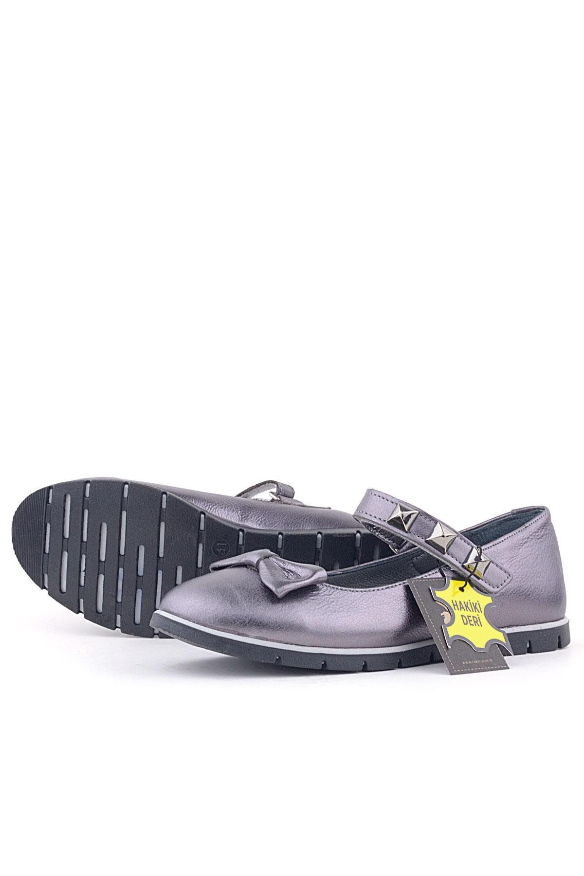 Rakerplus-Genuine Leather Platinum Velcro Metal Detailed Girls' Ballerina Shoes 6