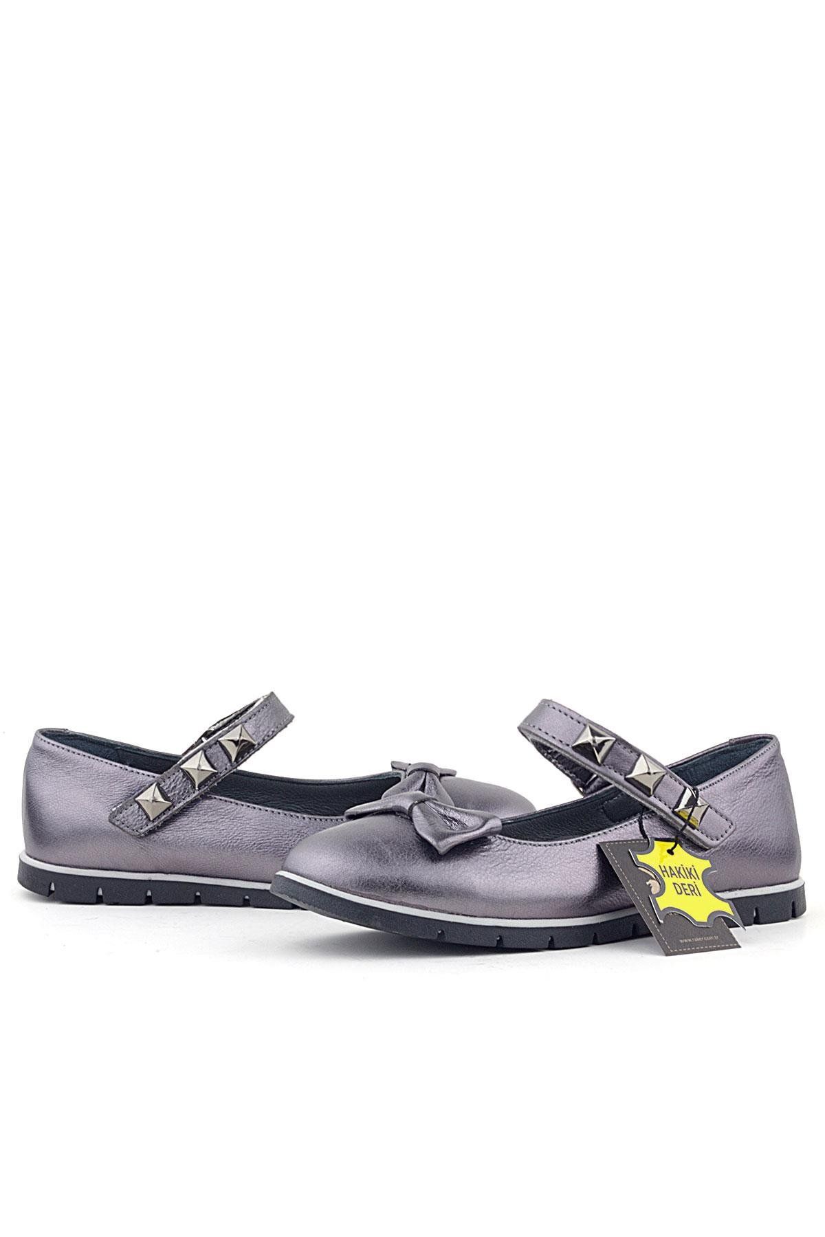 Rakerplus-Genuine Leather Platinum Velcro Metal Detailed Girls' Ballerina Shoes 7