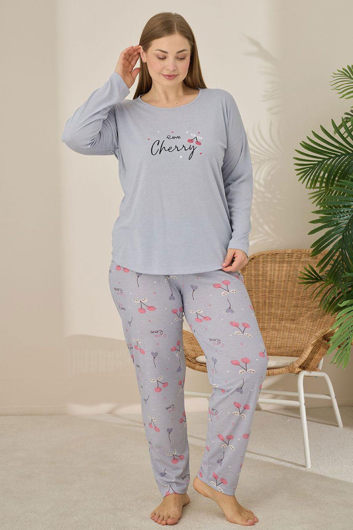 Pijamoni Kadın Büyük Beden Pijama Takımı Uzun Kollu Desenli Alt