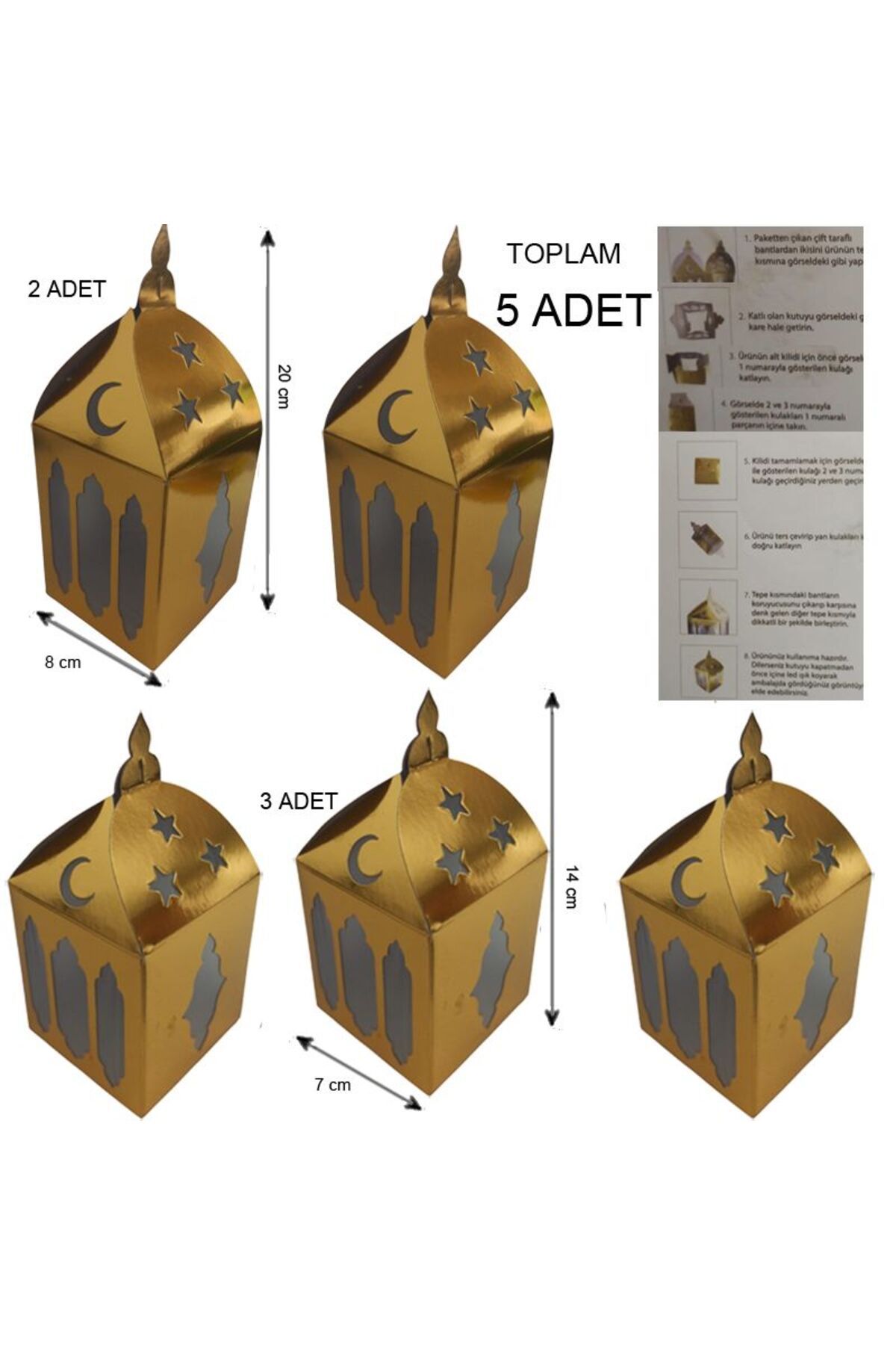 partidolu 5 Adet 2 Boy Ramazan Temalı Karton Masa Dekor Süsü Altın Renk