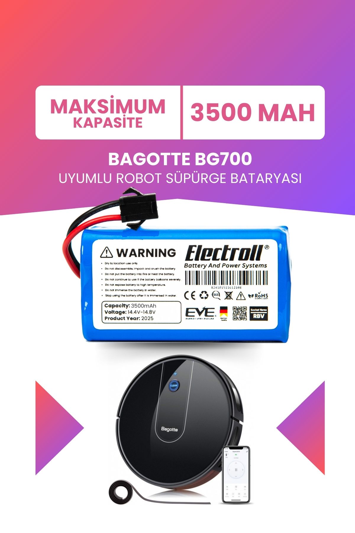 ELECTROLL Bagotte Bg700 Uyumlu Batarya (MAKSİMUM KAPASİTE) 3500mah Pil Akıllı Robot Süpürge Bataryası