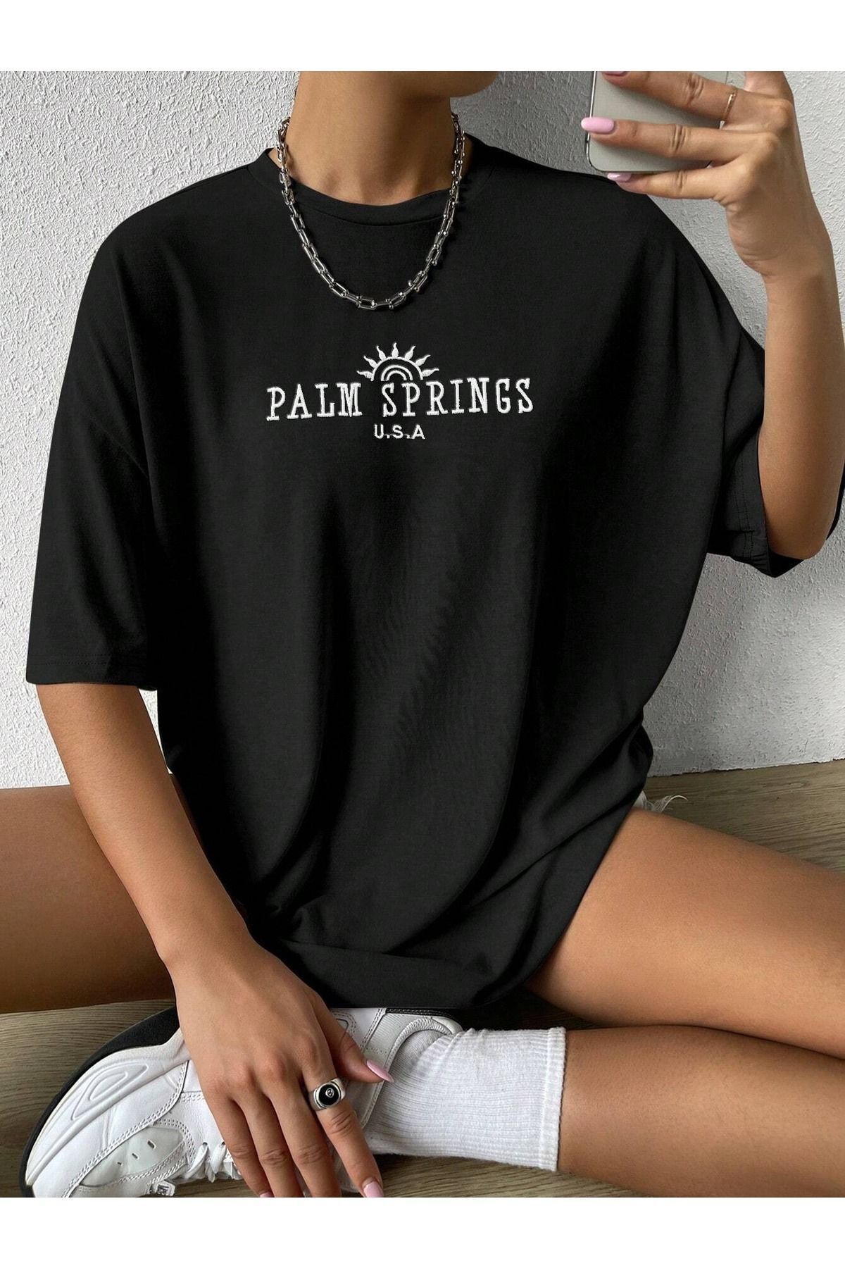 New Shine Kadın Siyah Oversize Kalıp Palm Springs Baskılı T-Shirt