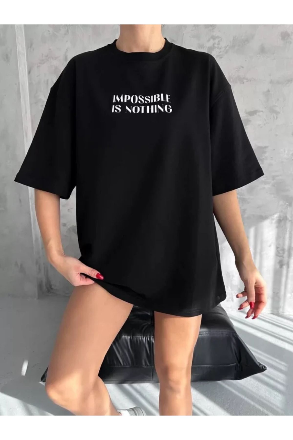 New Shine Unisex Bisiklet Yaka Baskılı Oversize T-Shirt - Siyah