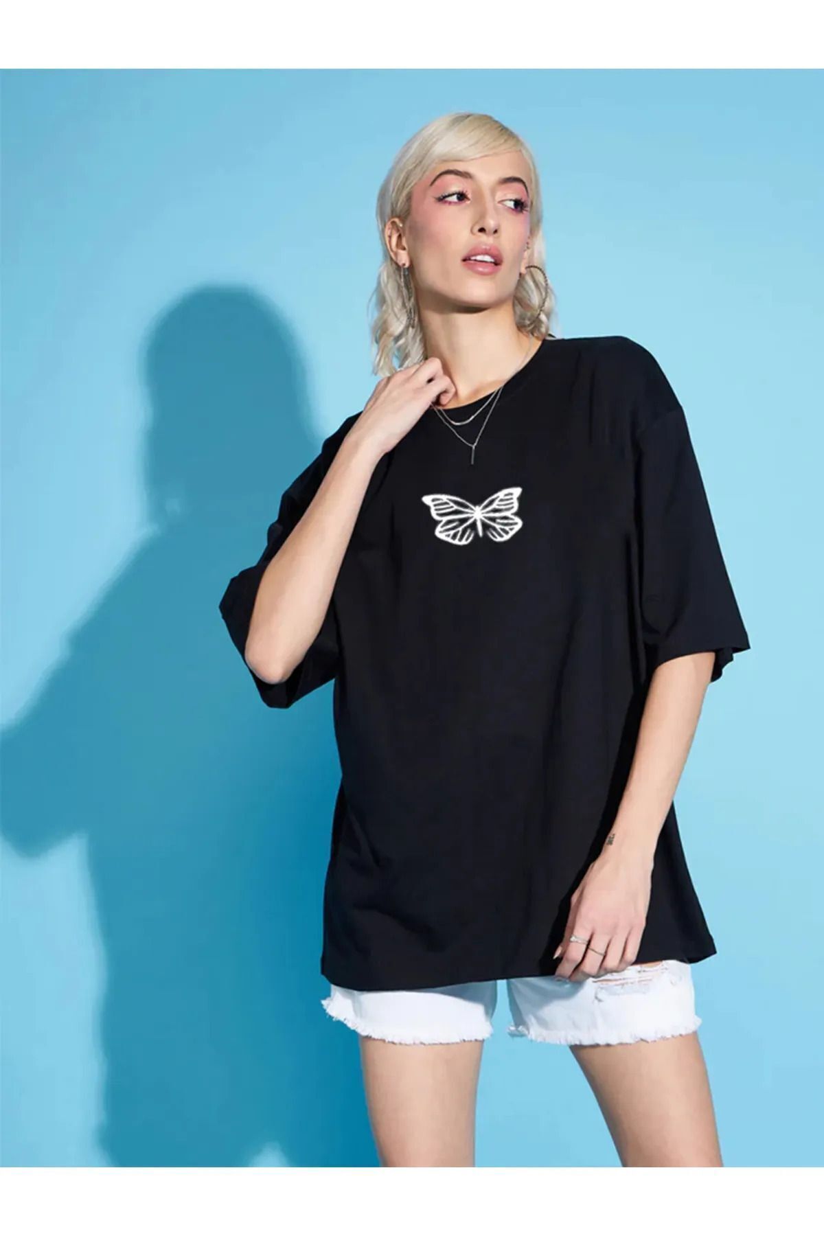 New Shine Unisex Kelebek Baskılı Pamuk Siyah Bisiklet Yaka Oversize T-shirt