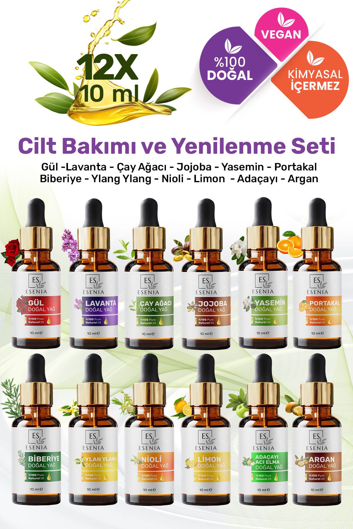 ESENIA 12'lı Set1 %100 Saf ve Doğal Damlalık Kapak Katkısız Bitkisel Uçucu Yağ 12 x10ml