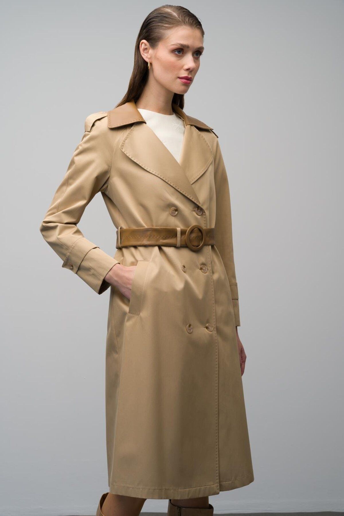 Olcay-Water Repellent Detailed Leather Trench Coat - Kamel 6618 3