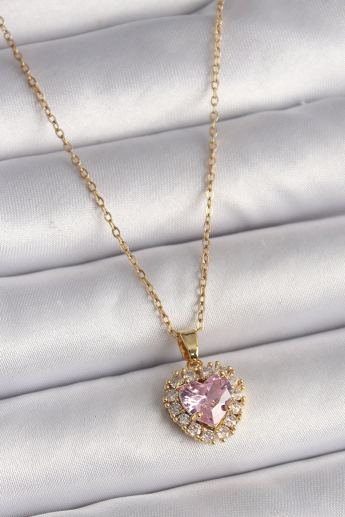 doremodam 316L Çelik Gold Renk Zincir Pembe Zirkon Taşlı Kalp Model Kadın Kolye - Lisinya