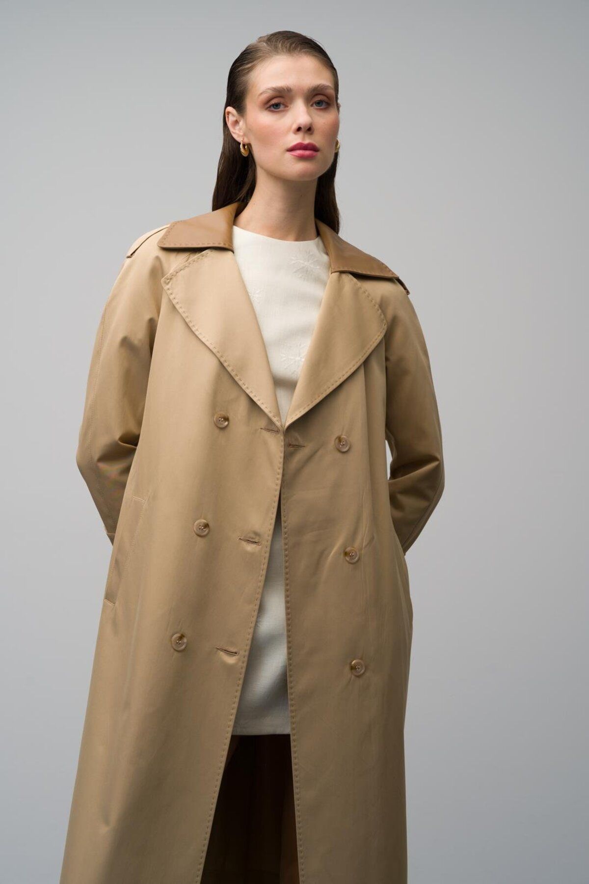 Olcay-Water Repellent Detailed Leather Trench Coat - Kamel 6618 5