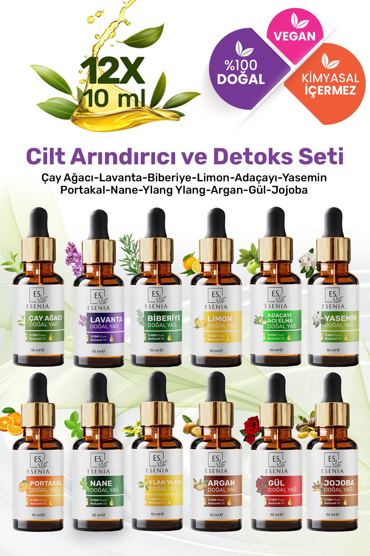 ESENIA 12'lı Set4 %100 Saf ve Doğal Damlalık Kapak Katkısız Bitkisel Uçucu Yağ 12 x10ml