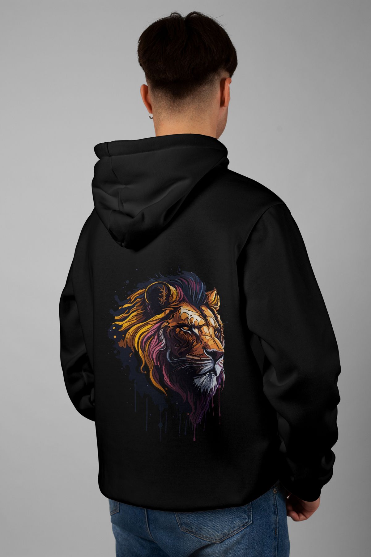 Zestia Unisex Hoodie, Aslan Sırt Baskılı, Regular,%100 Pamuk, Siyah Renk Kapşonlu No: 0091