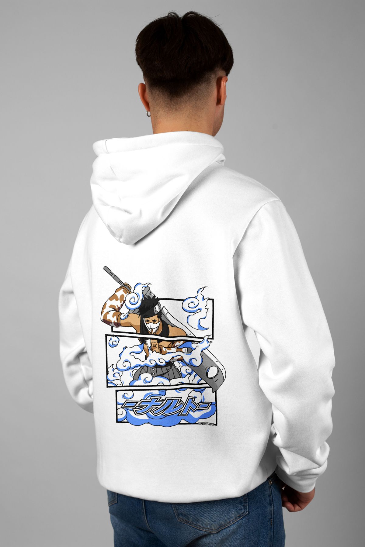 Zestia Unisex Hoodie, Zabuza Momochi Sırt Baskılı, Regular,%100 Pamuk, Beyaz Renk Kapşonlu No: 0181