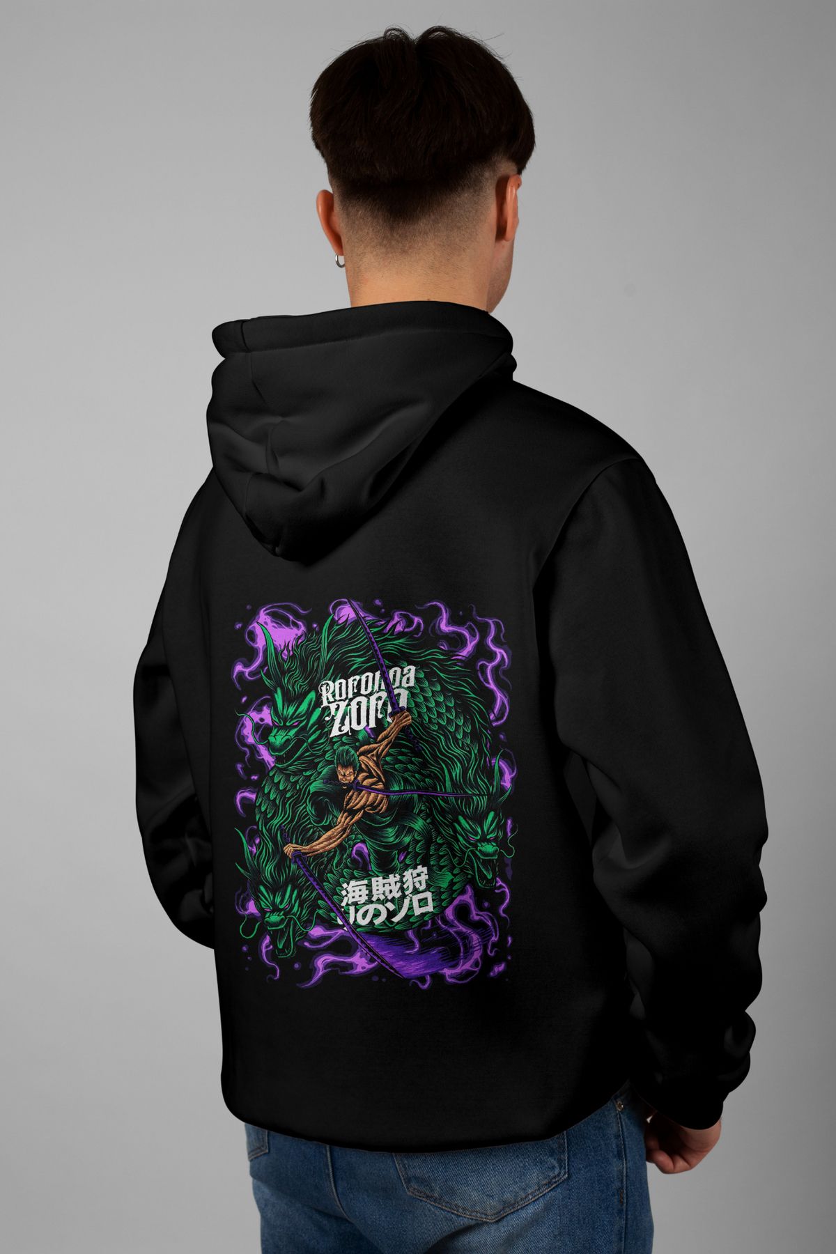 Zestia Unisex Hoodie, Roronoa Zoro Sırt Baskılı, Regular,%100 Pamuk, Siyah Renk Kapşonlu No: 0145