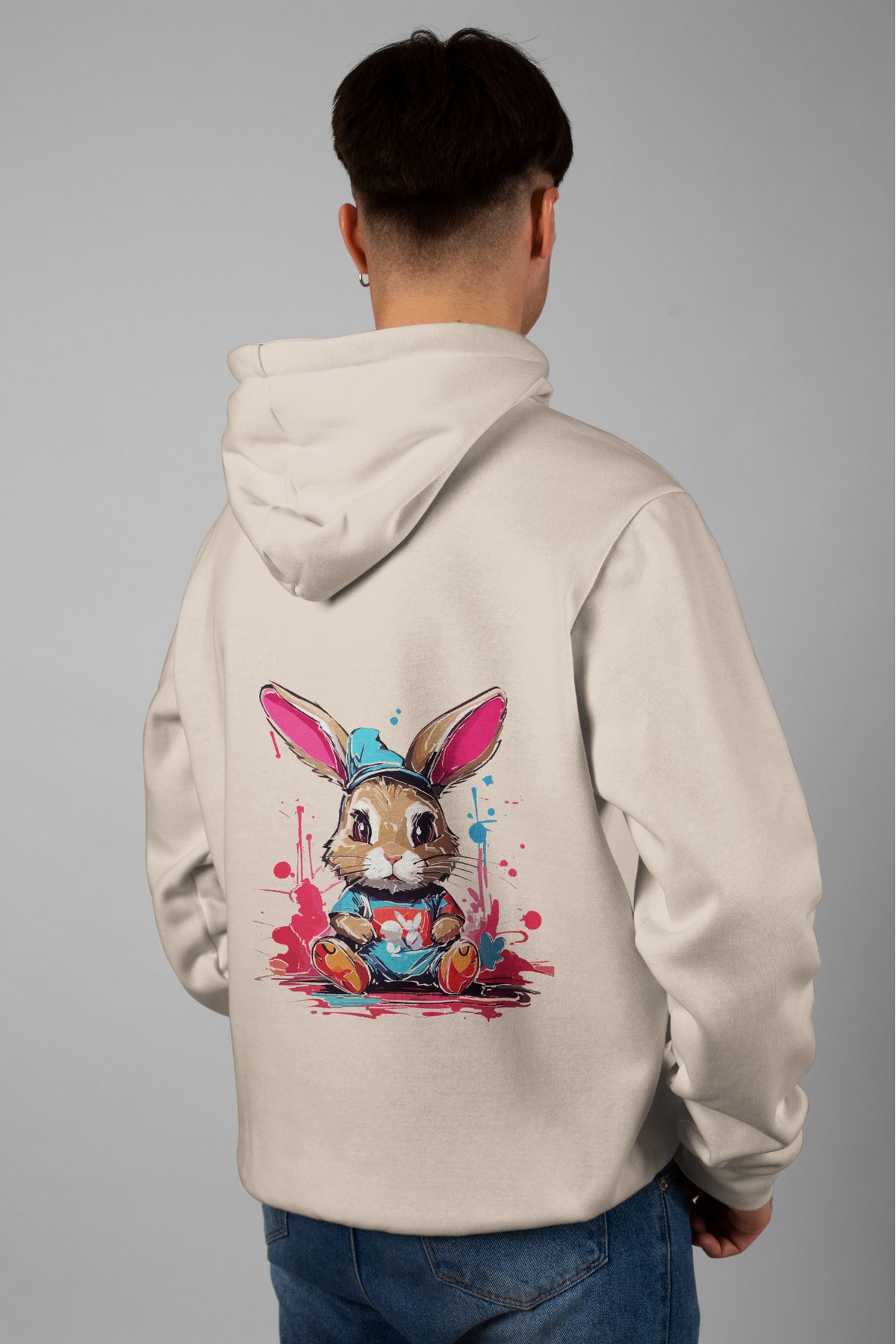 Zestia Unisex Hoodie, Tavşan Sırt Baskılı, Regular,%100 Pamuk, Krem Renk Kapşonlu No: 0013