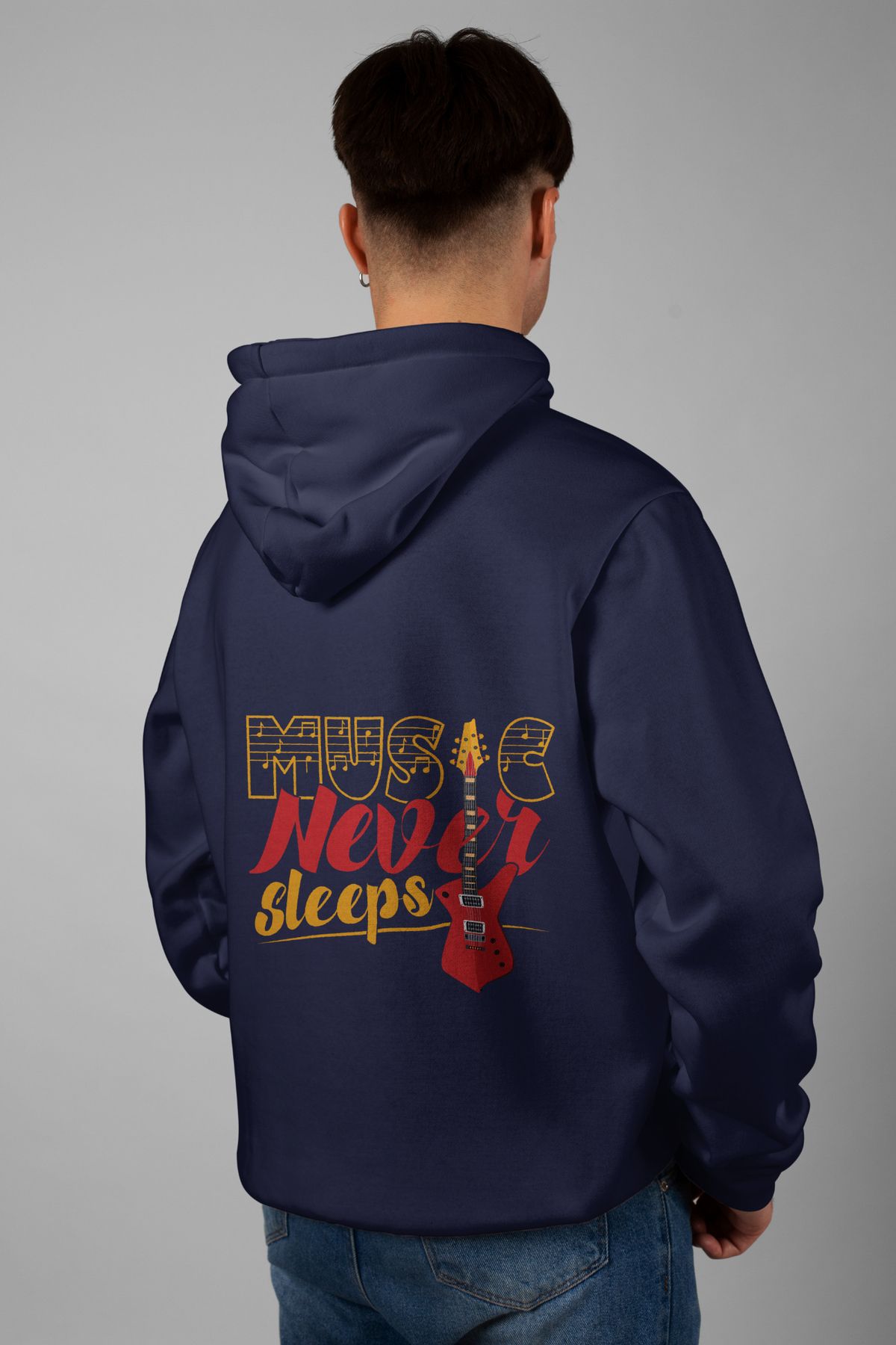 Zestia Unisex Hoodie, Music Never Sleeps Sırt Baskılı, Regular,%100 Pamuk, Lacivert Renk Kapşonlu No: 0289