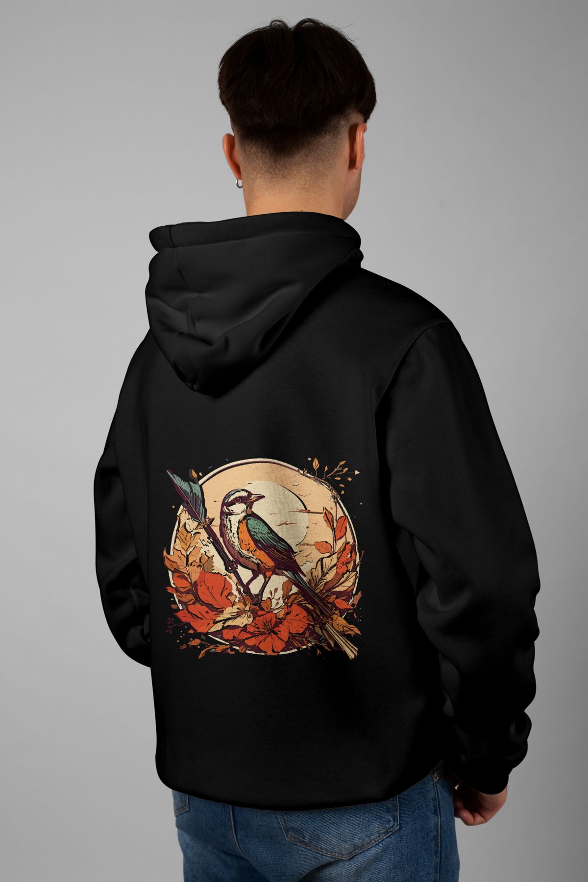 Zestia Unisex Hoodie, Serçe Sırt Baskılı, Regular,%100 Pamuk, Siyah Renk Kapşonlu No: 0032