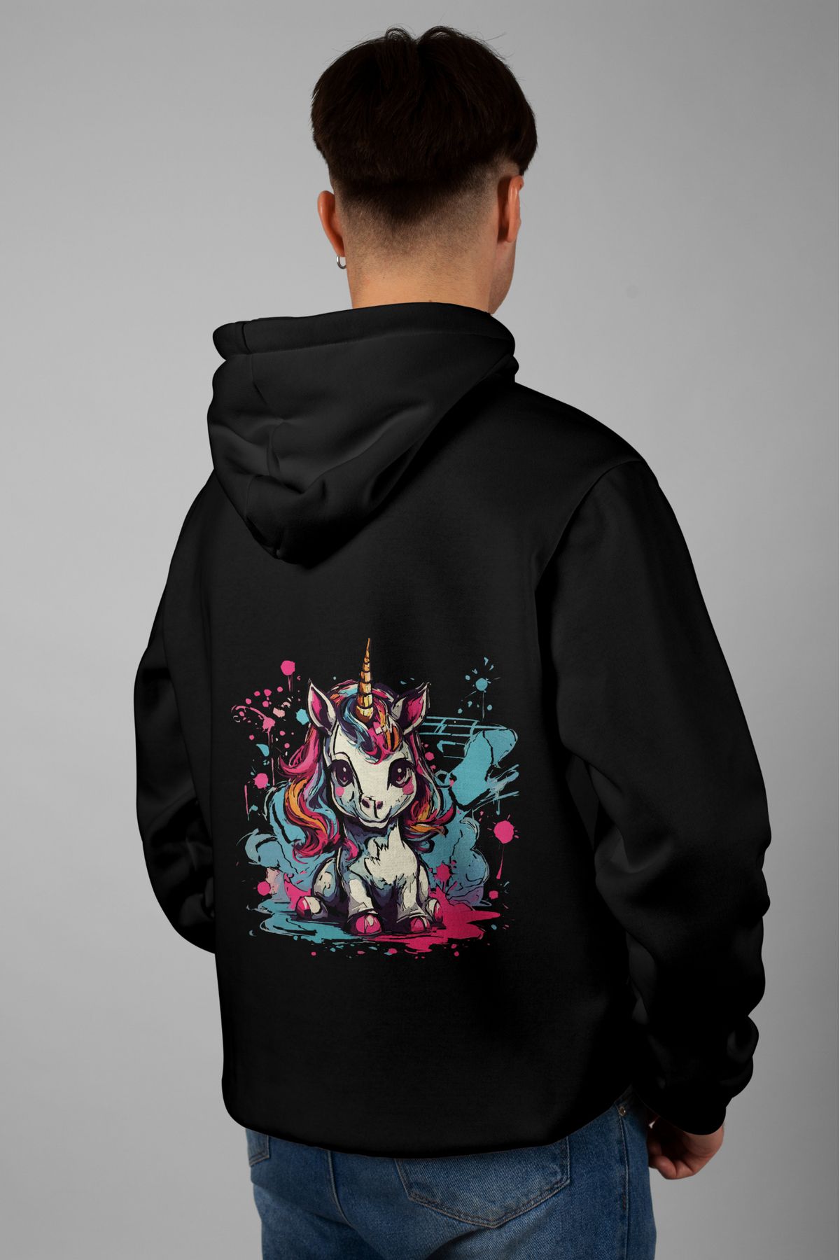 Zestia Unisex Hoodie, Unicorn Sırt Baskılı, Regular,%100 Pamuk, Siyah Renk Kapşonlu No: 0012