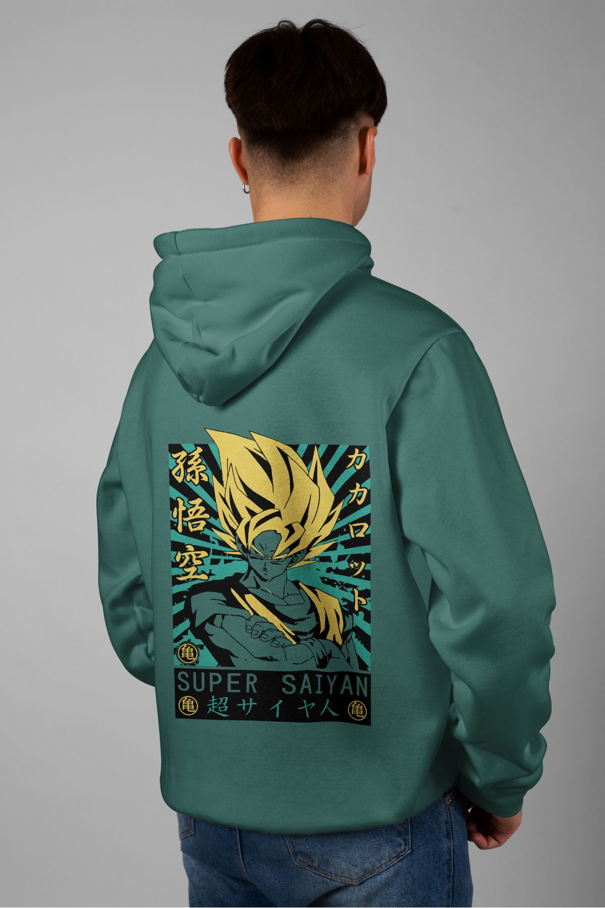 Zestia Unisex Hoodie, Super Saıyan Sırt Baskılı, Regular,%100 Pamuk, Yeşil Renk Kapşonlu No: 0123