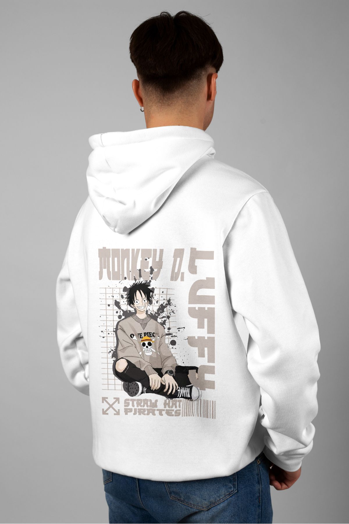 Zestia Unisex Hoodie, Monkey D. Luffy Sırt Baskılı, Regular,%100 Pamuk, Beyaz Renk Kapşonlu No: 0198